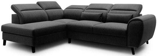 Czarny narożnik Noble lewy w tkaninie Flores 10 z regulowanymi zagłówkami oraz nowoczesnymi czarnymi nóżkami. Elegancki narożnik wypoczynkowy do salonu w stylu loftowym, modern i industrialnym.