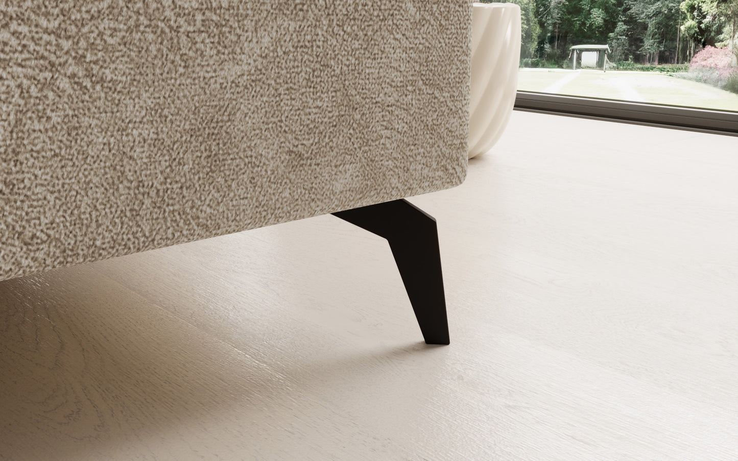 Beżowy narożnik Solange Dora 21 prawostronny to designerski mebel do salonu, który dzięki miękkim poduszkom i stonowanej kolorystyce tworzy przytulną, nowoczesną strefę wypoczynku.
