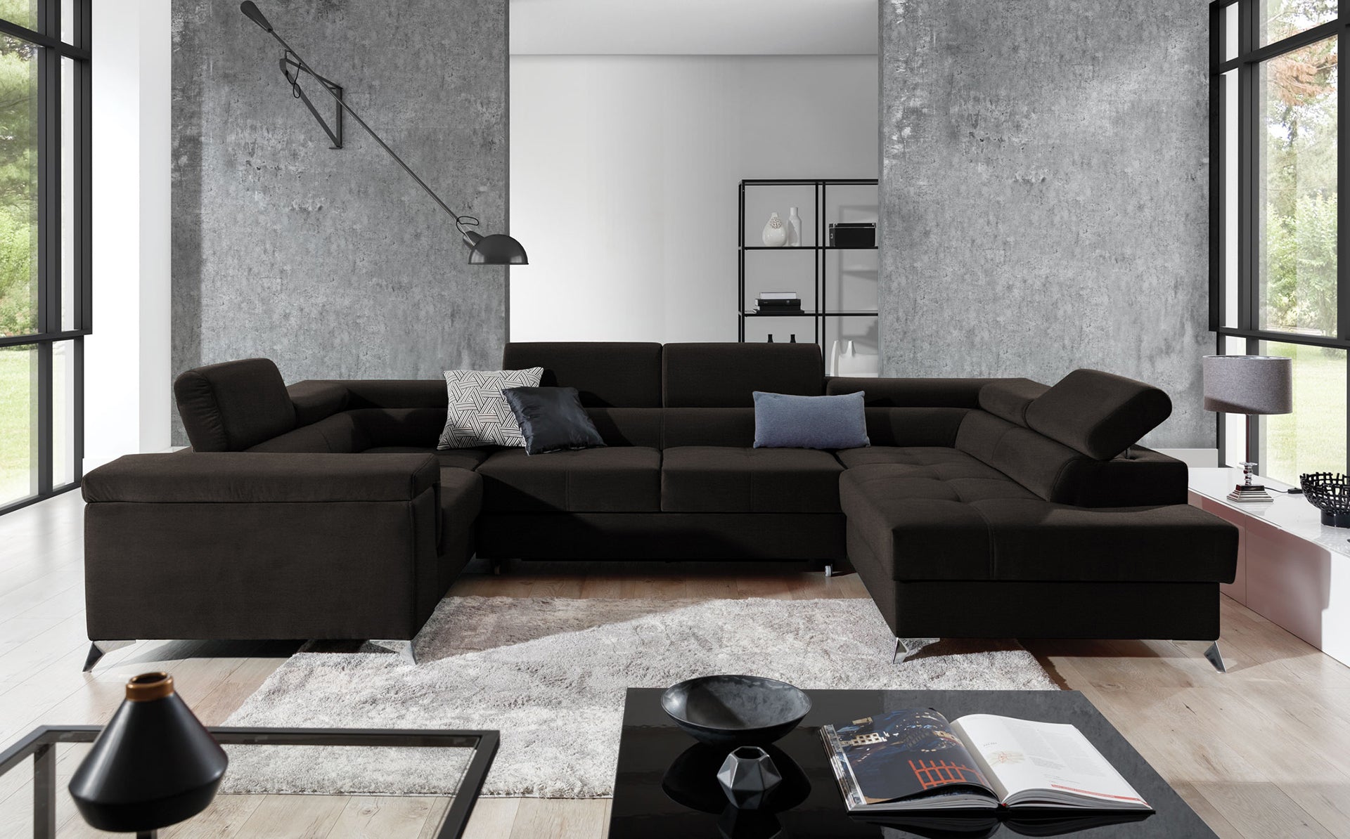 Elegancki narożnik Thiago prawy Monolith 29 brązowy zachwyca nowoczesnym wyglądem, prostą linią oraz funkcjonalnym układem. Stylowy narożnik do salonu z regulowanymi zagłówkami podkreśla wyjątkowy charakter wnętrza i zapewnia komfort codziennego użytkowania.