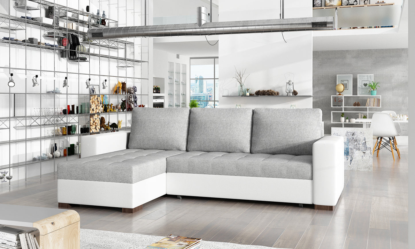 Elegancki narożnik Newark szary z białymi elementami i praktycznym układem wypoczynkowym doskonale sprawdzi się w nowoczesnym salonie. Komfortowy narożnik rodzinny z funkcją spania i pojemnikiem na pościel.