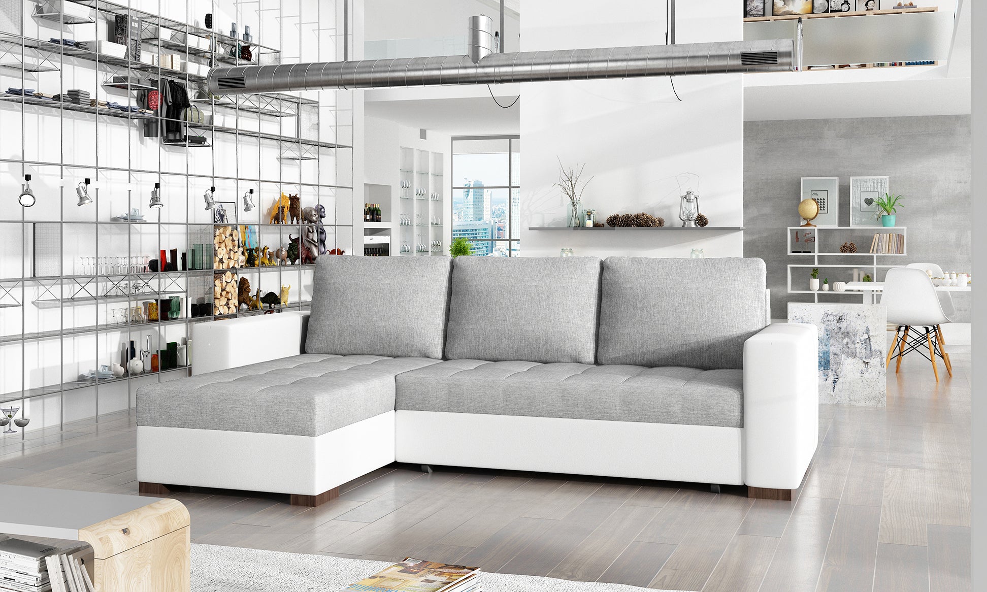 Elegancki narożnik Newark szary z białymi elementami i praktycznym układem wypoczynkowym doskonale sprawdzi się w nowoczesnym salonie. Komfortowy narożnik rodzinny z funkcją spania i pojemnikiem na pościel.