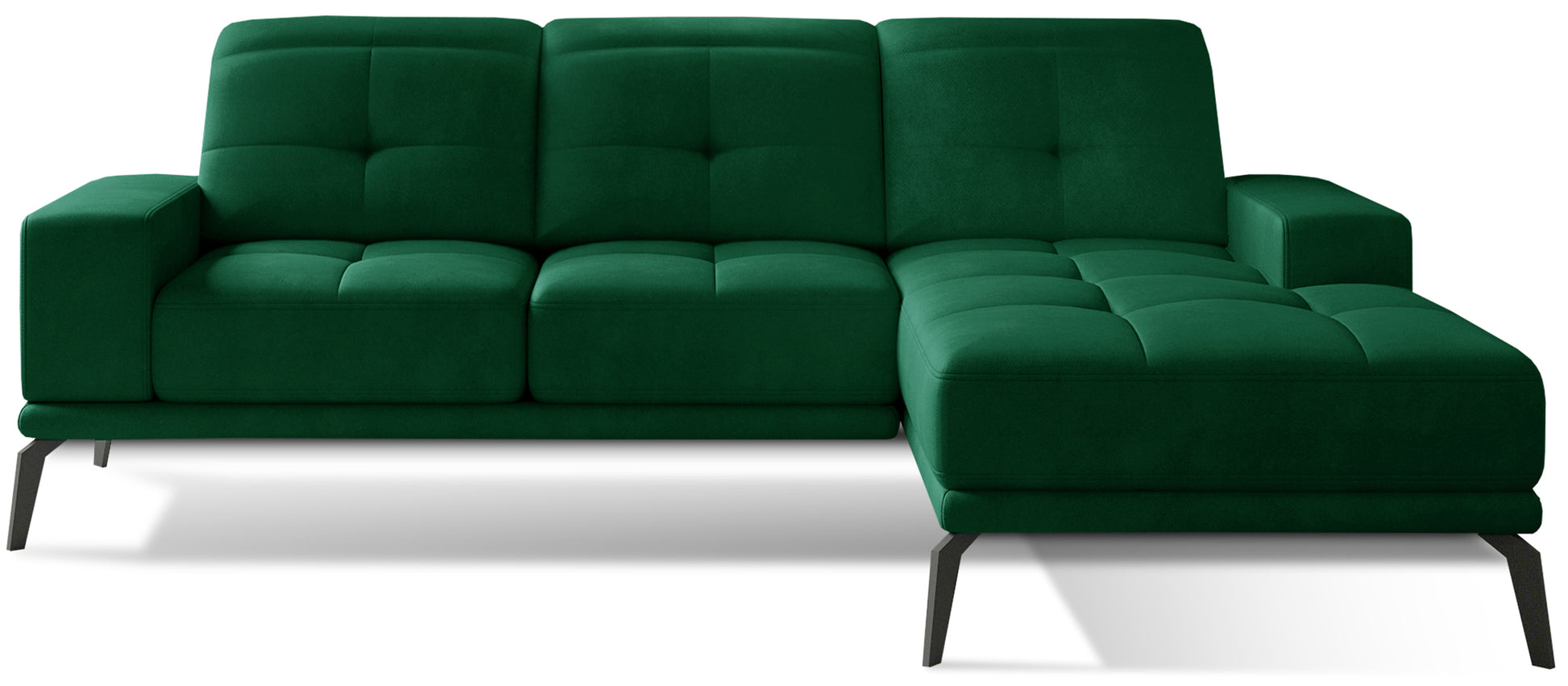 Zielony narożnik do salonu wykonany w tkaninie Kronos 19 prezentujący minimalistyczną formę oraz miękkie siedziska. Designerski narożnik prawostronny świetnie komponujący się ze złotymi dodatkami i drewnianymi elementami wnętrza.
