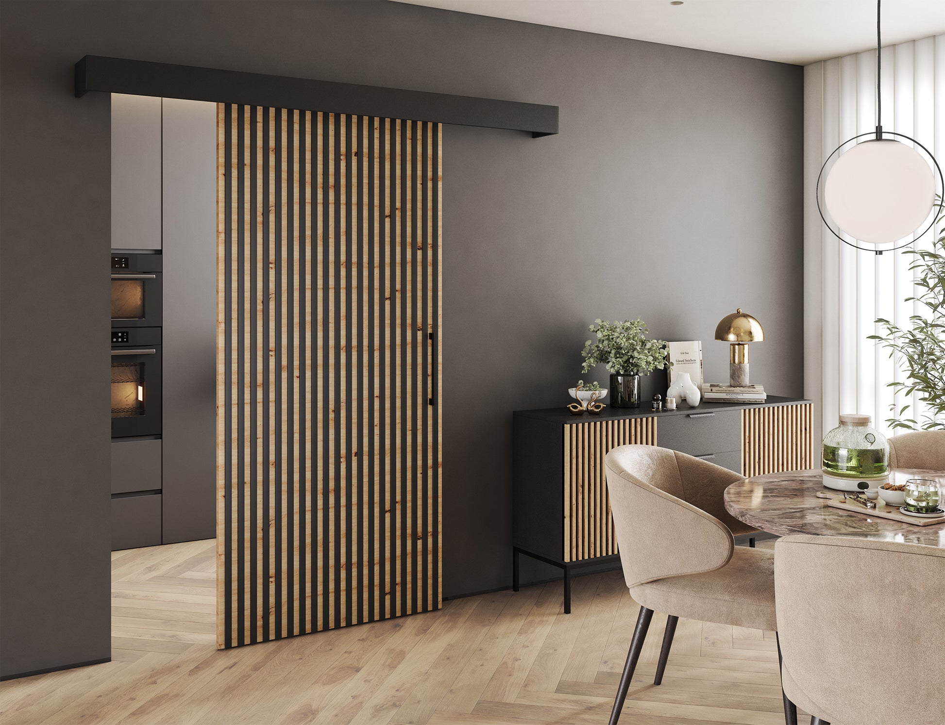 Drzwi przesuwne Tauricio czarny/dąb artisan w eleganckim salonie – stylowe połączenie funkcji i designu.