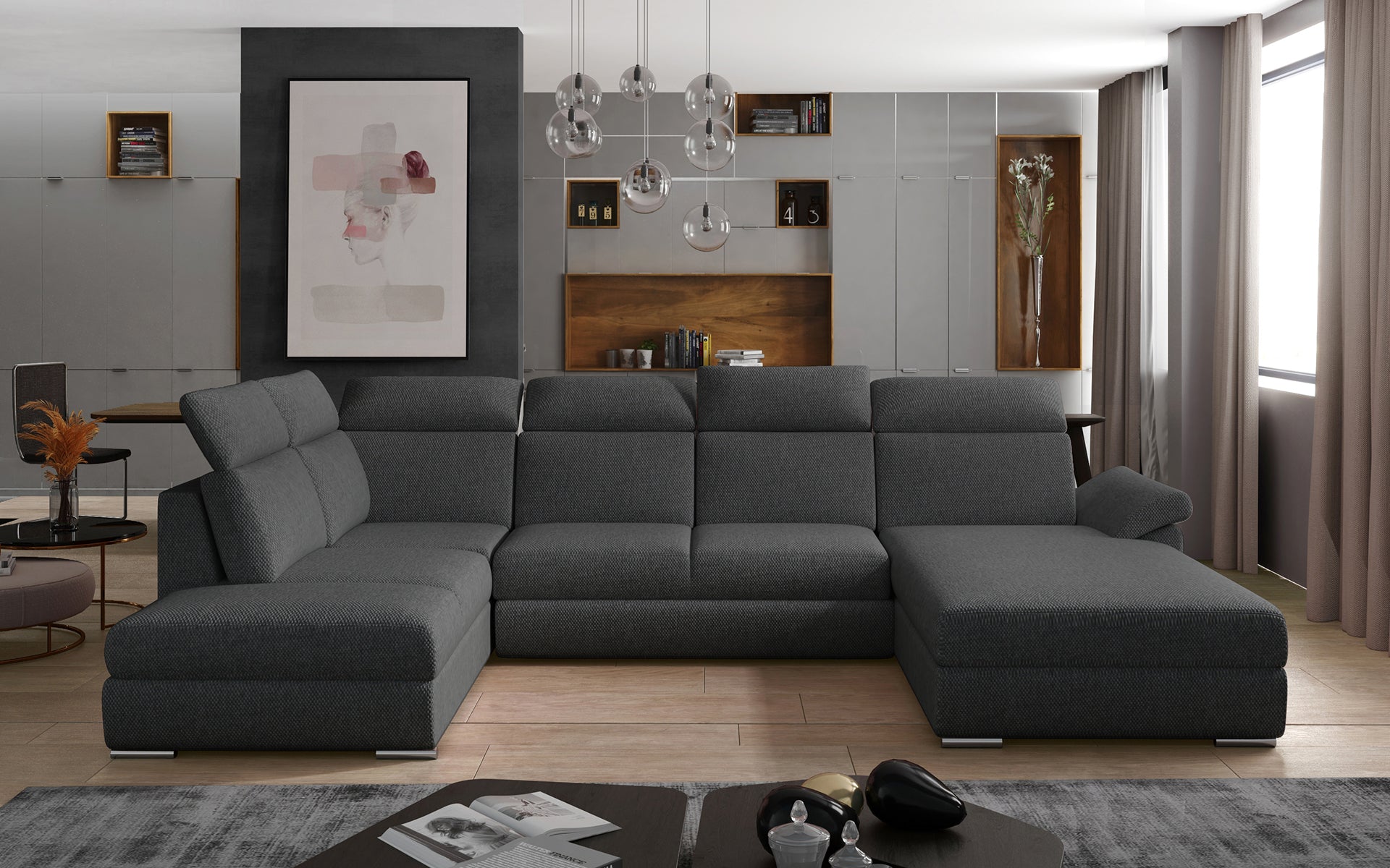 Sofa narożna Evanell w odcieniu ciemnoszarym wykonana z materiału Inari 96 to praktyczne rozwiązanie do dużego salonu, oferujące szerokie siedziska, funkcjonalny szezlong oraz wygodną przestrzeń dla całej rodziny