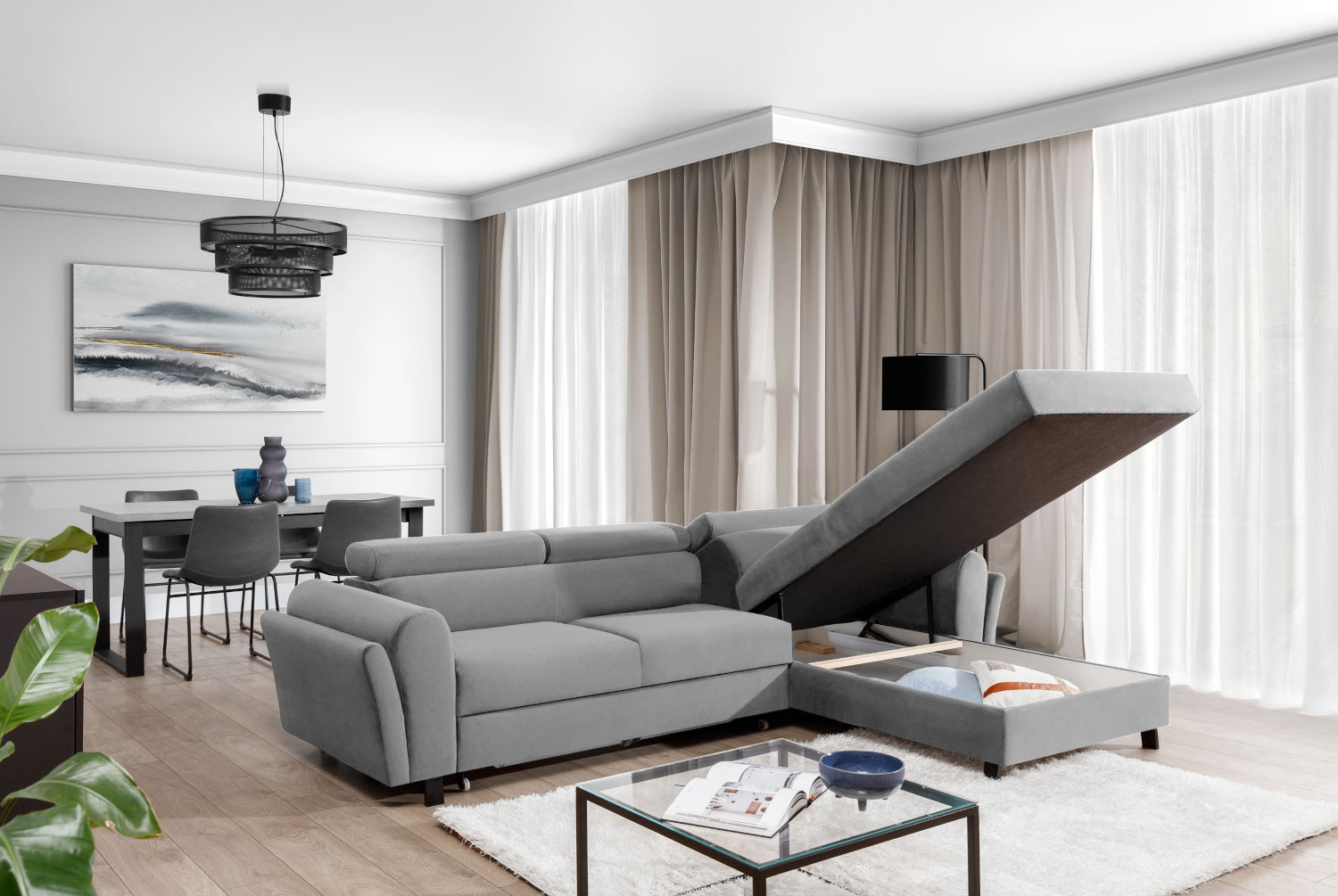 Duży narożnik Mariall Monolith 84 w kolorze jasnoszarym w układzie prawym, stylowa sofa narożna z miękkim siedziskiem i ergonomicznym oparciem, idealna do odpoczynku, spotkań rodzinnych oraz codziennego użytkowania
