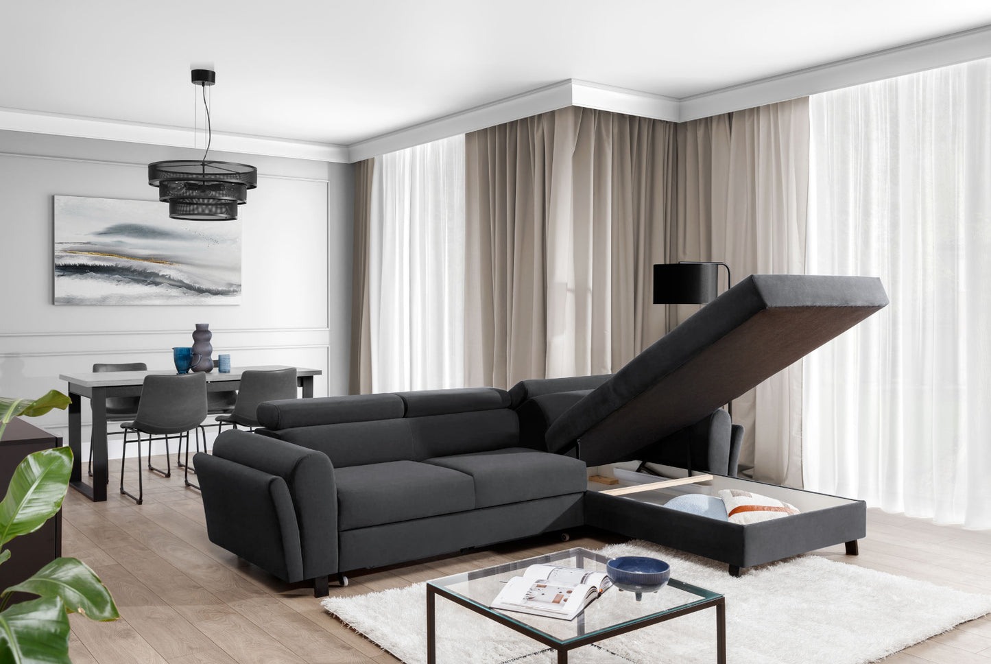 Duży narożnik Mariall Monolith 97 w kolorze ciemnoszarym w układzie prawym, stylowa sofa narożna z miękkim siedziskiem i ergonomicznym oparciem, idealna do relaksu, spotkań rodzinnych oraz codziennego użytkowania
