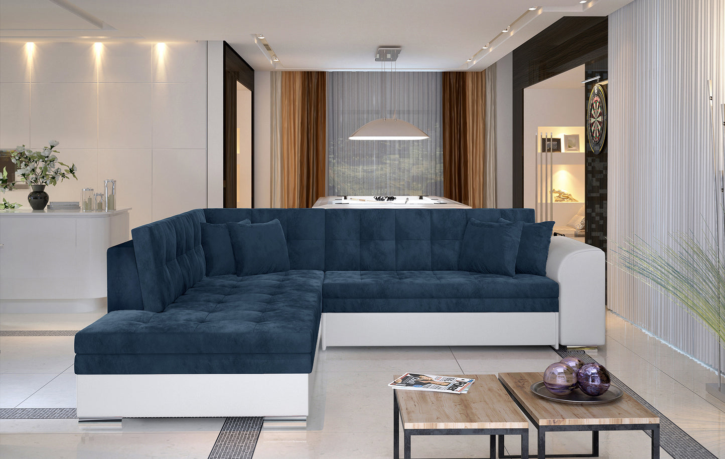 Granatowy narożnik lewostronny Pieretta Kronos 09 Soft 17 o nowoczesnym designie i przyjemnej w dotyku powierzchni, doskonały do aranżacji salonu, gdzie ważna jest elegancja, komfort i trwałość mebla.