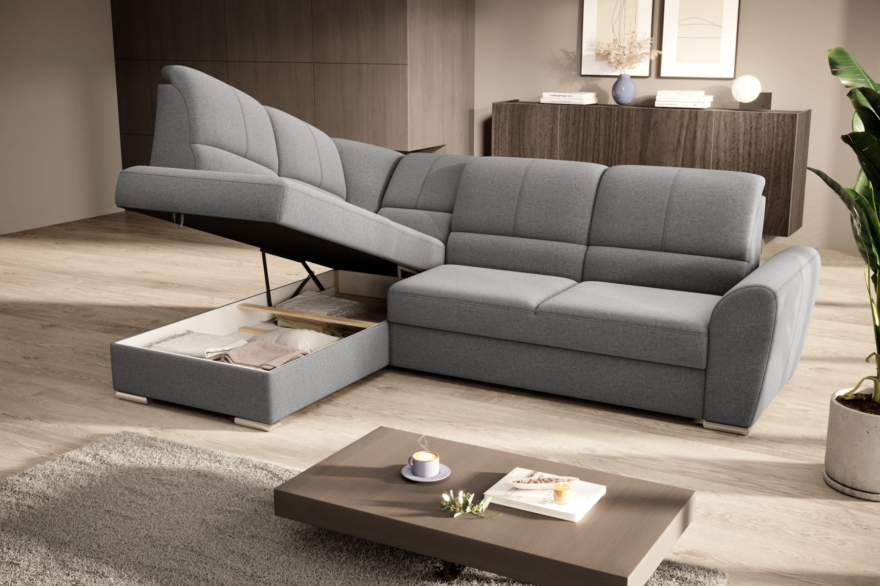 Duży narożnik Siber lewy w tkaninie Gojo 05 w kolorze szarym to komfortowa sofa wypoczynkowa, która łączy funkcjonalność z eleganckim i ponadczasowym stylem wnętrza.
