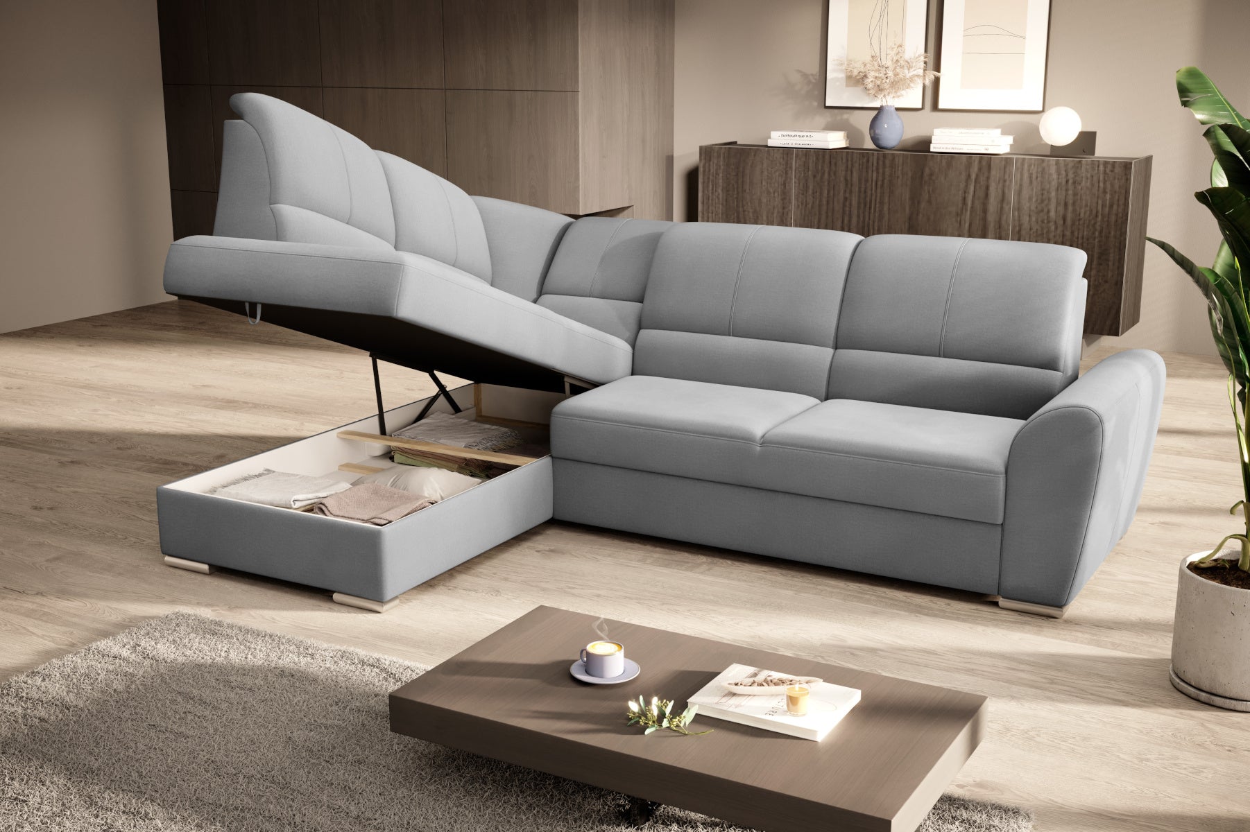 Duży narożnik Siber lewy w tkaninie Nube 03 w kolorze jasnoszarym to komfortowa sofa wypoczynkowa, która łączy funkcjonalność z eleganckim i uniwersalnym wyglądem wnętrza.