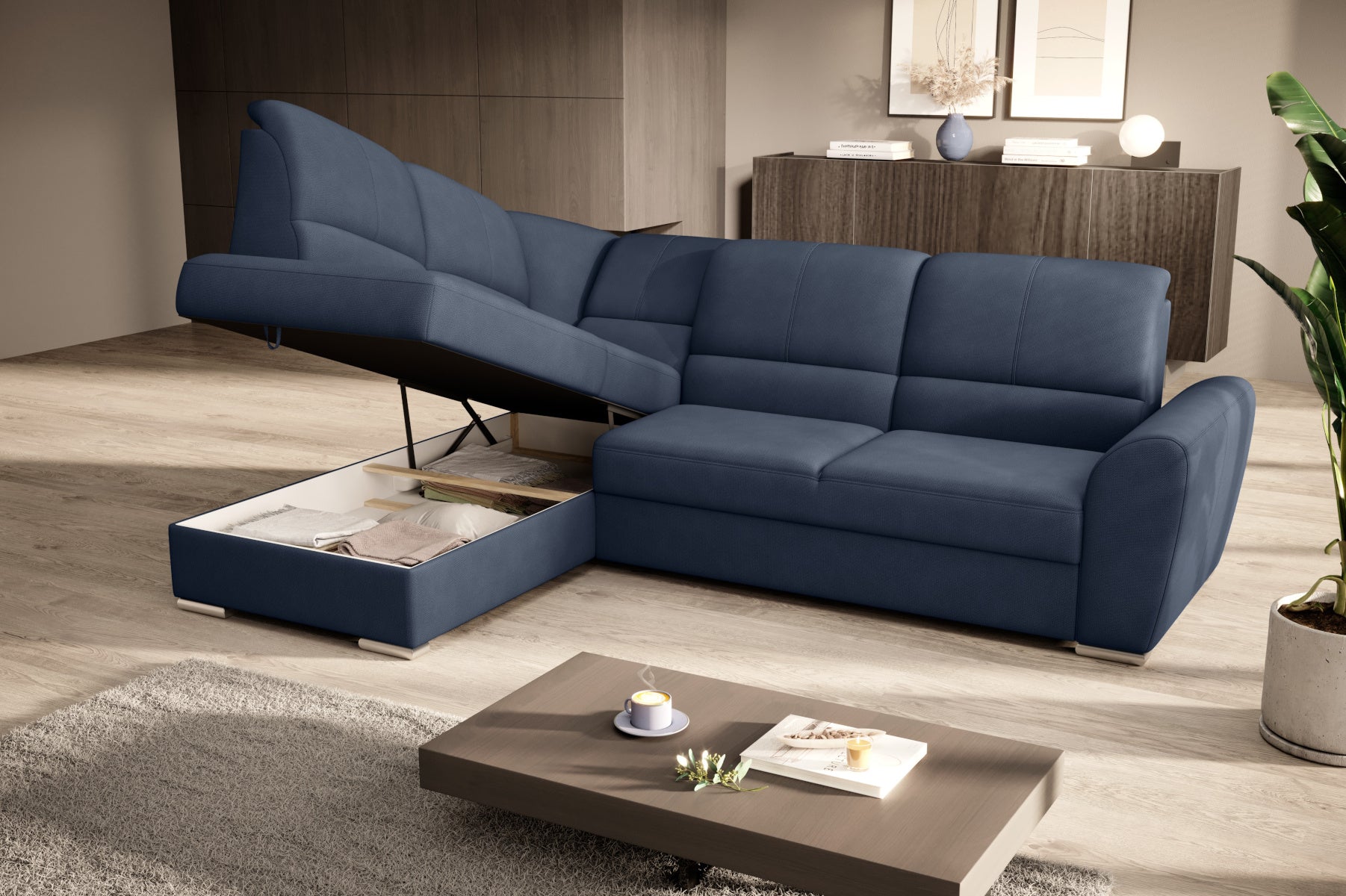 Duży narożnik Siber lewy w tkaninie Poco 40 w kolorze granatowym to komfortowa sofa wypoczynkowa z solidnym wykonaniem i eleganckim designem dopasowanym do współczesnych wnętrz.