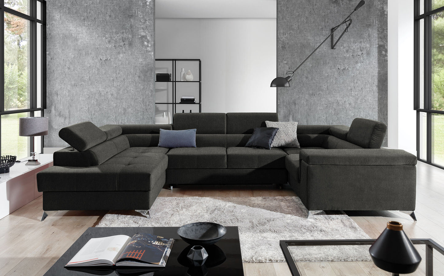 Nowoczesny narożnik Thiago w kolorze ciemnoszarym z szerokimi siedziskami i eleganckimi metalowymi nóżkami doskonale sprawdzi się w salonie urządzonym w stylu loftowym lub minimalistycznym. Stylowy narożnik do nowoczesnych wnętrz łączy wygodę z funkcjonalnością.