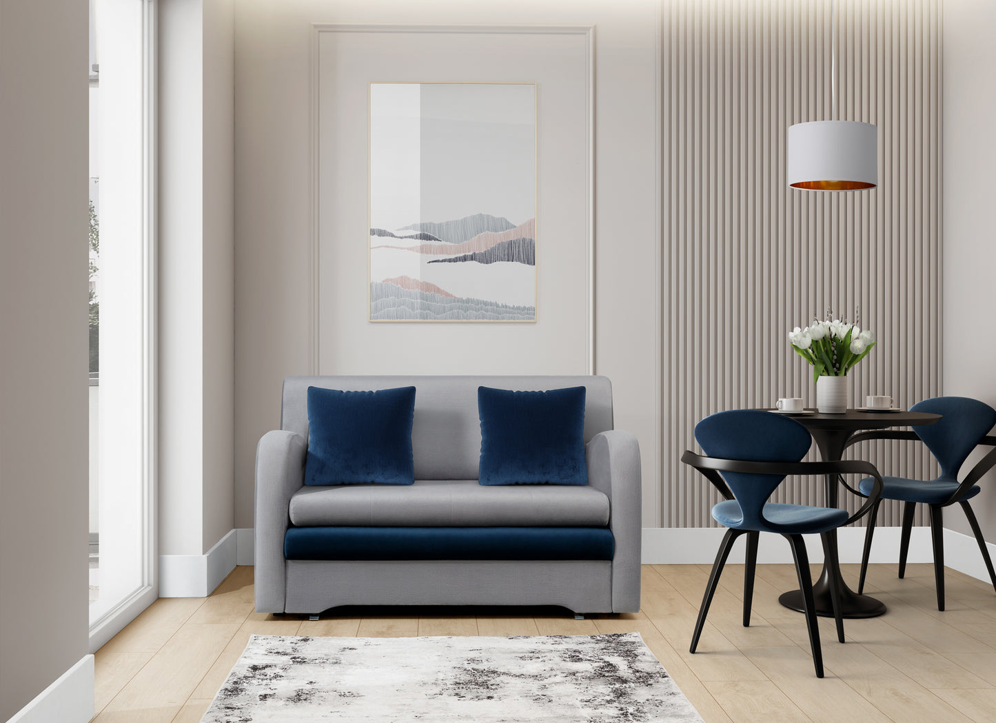 Dywan Bardot Grey 80x150 cm częściowo zwinięty, prezentujący grubość i miękkość materiału.