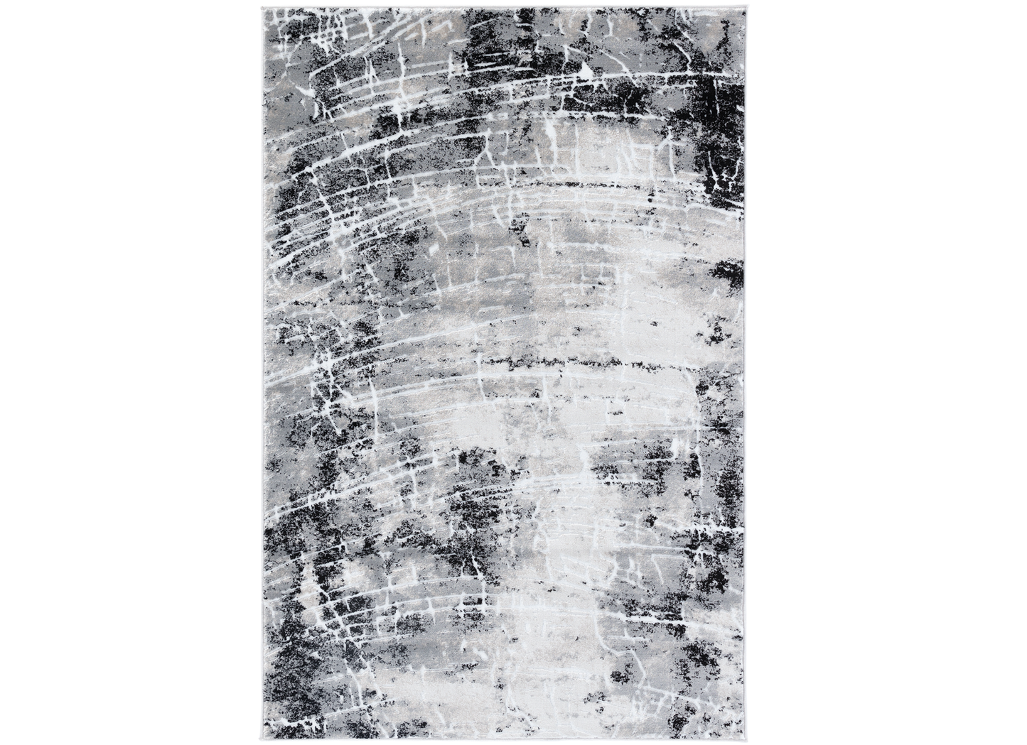 Dywan Bardot Grey 80x150 cm o nowoczesnym, abstrakcyjnym wzorze w odcieniach szarości, czerni i beżu.