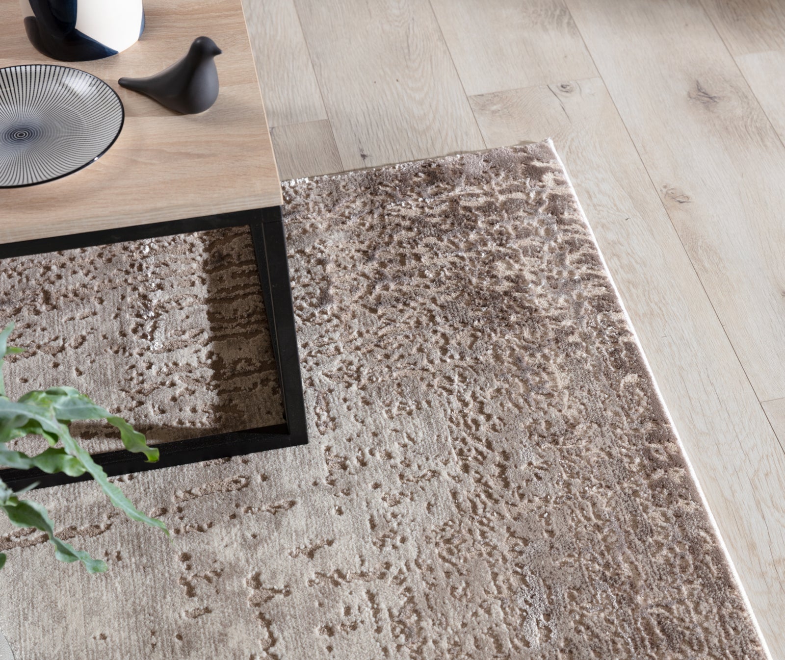 Dywan Codrila Beige 160x220 cm w aranżacji z drewnianym stolikiem kawowym i jasnym parkietem w nowoczesnym wnętrzu.