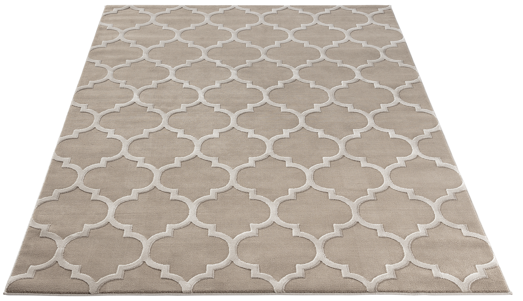 Dywan Elsher Beige 120x180 cm w perspektywie – beżowy dywan z jasnym, wypukłym wzorem w stylu marokańskim.