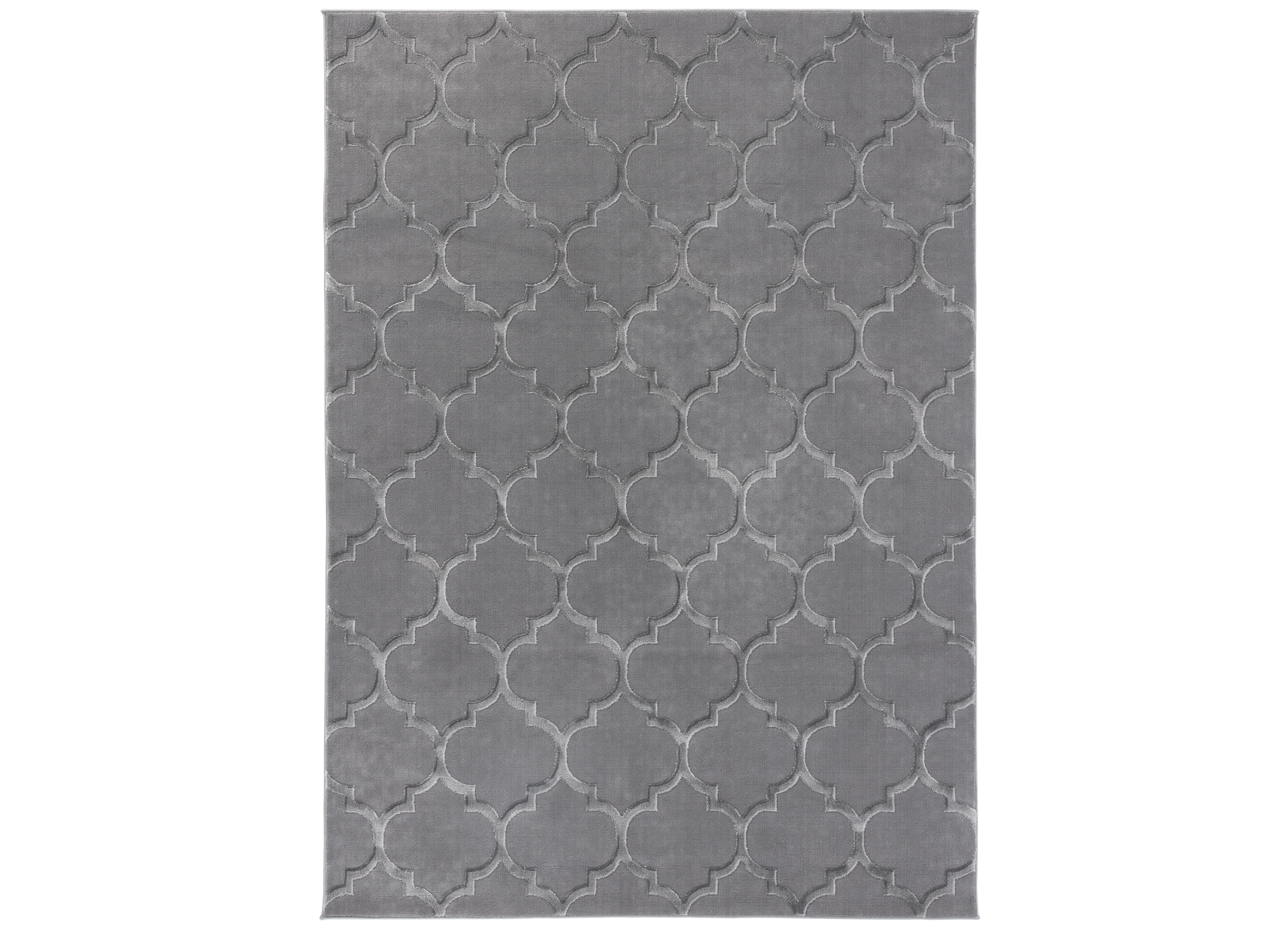 Dywan Elsher Grey 160x220 cm w szarym kolorze z geometrycznym wzorem marokańskiej koniczyny – widok z góry na całą powierzchnię.