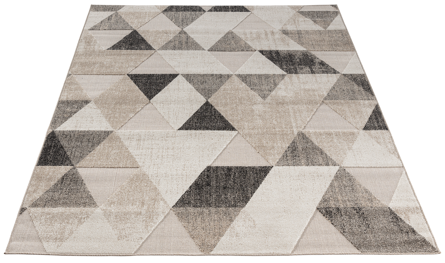 Dywan Eustache Beige 80x150 cm w perspektywie – wzór z trójkątów w różnych odcieniach beżu, brązu i szarości.