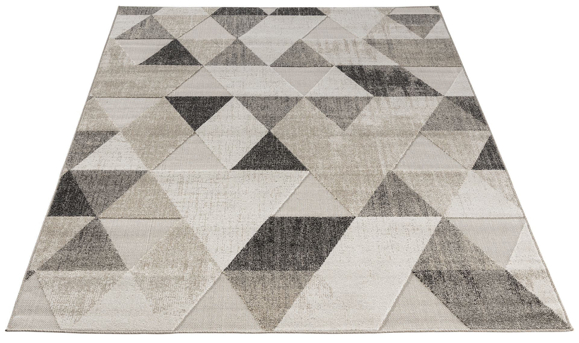 Dywan Eustache Beige 80x150 cm w perspektywie – wzór z trójkątów w różnych odcieniach beżu, brązu i szarości.