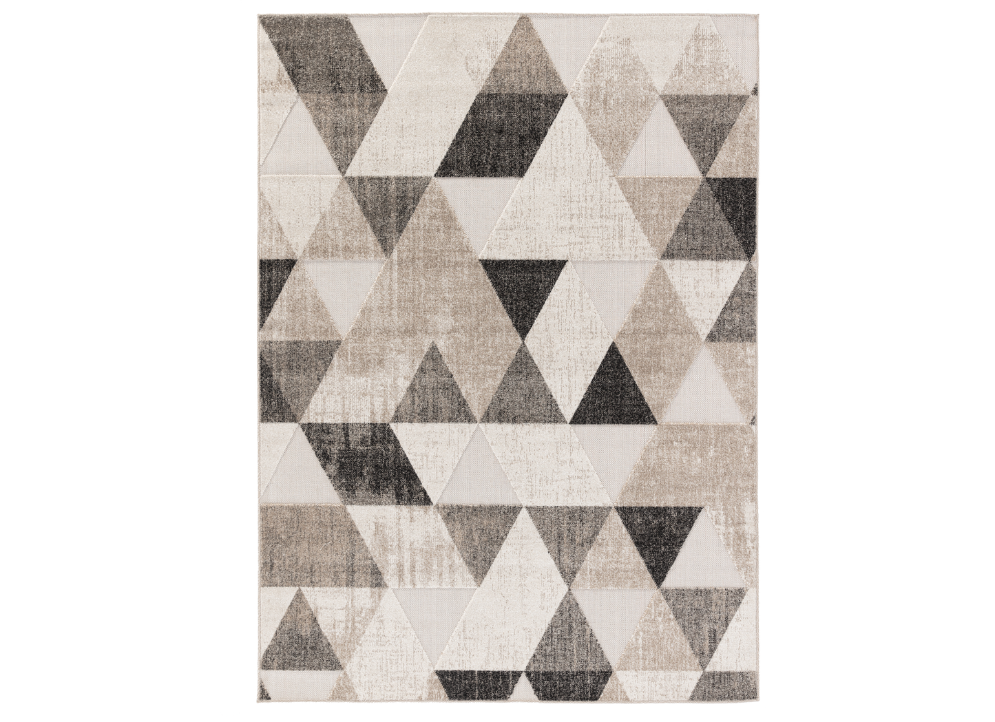 Dywan Eustache Beige 80x150 cm w odcieniach beżu, szarości i czerni z geometrycznym wzorem trójkątów – widok z góry.