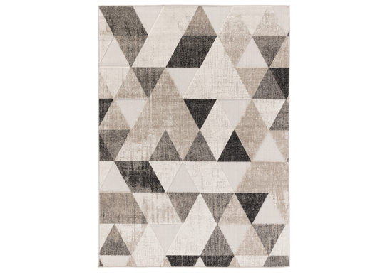 Dywan Eustache Beige 80x150 cm w odcieniach beżu, szarości i czerni z geometrycznym wzorem trójkątów – widok z góry.