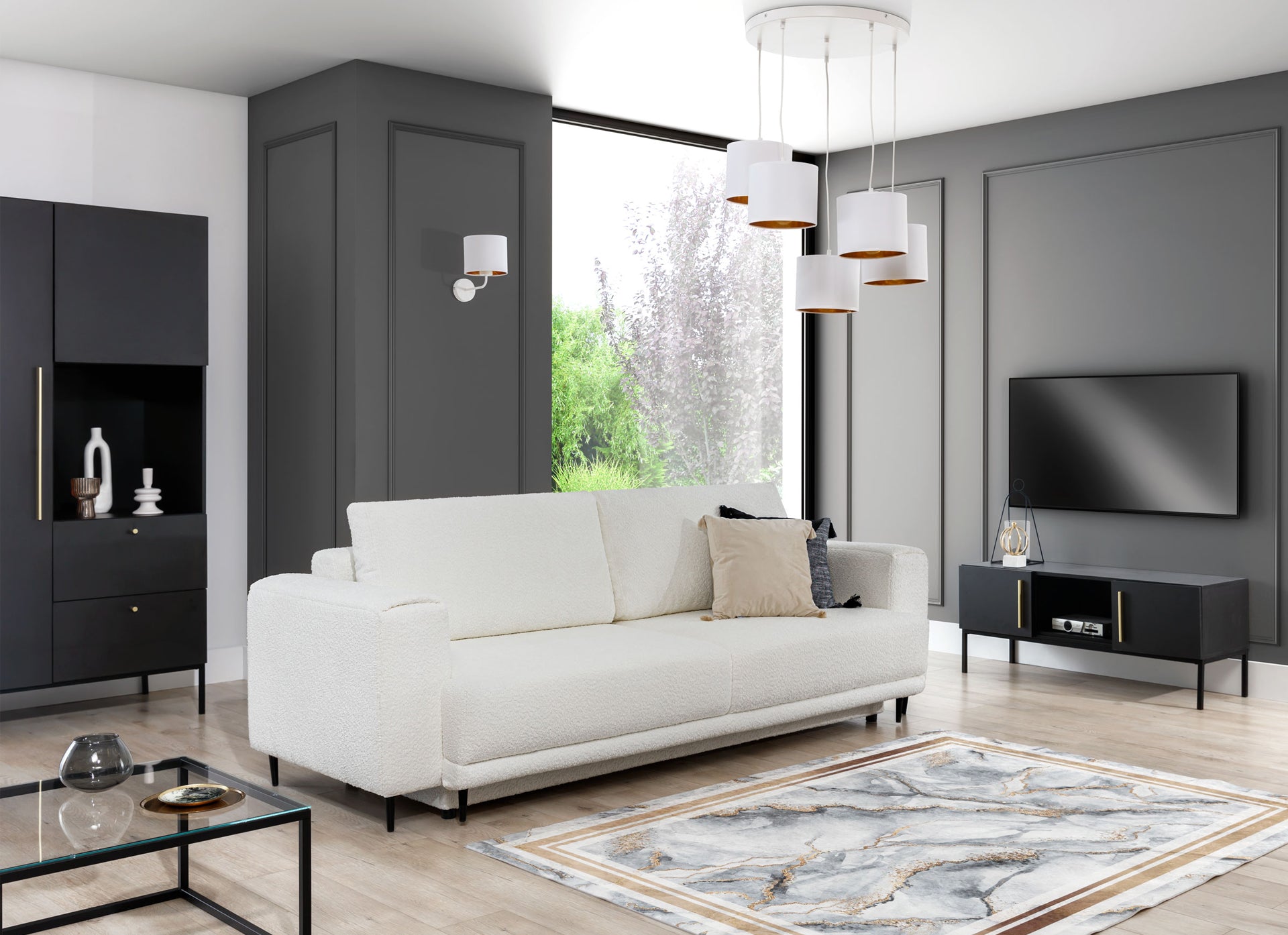 Dywan Squitta Grey 120x180 cm w eleganckim salonie z białą sofą, czarnymi meblami i grafitowymi ścianami – styl nowoczesny.