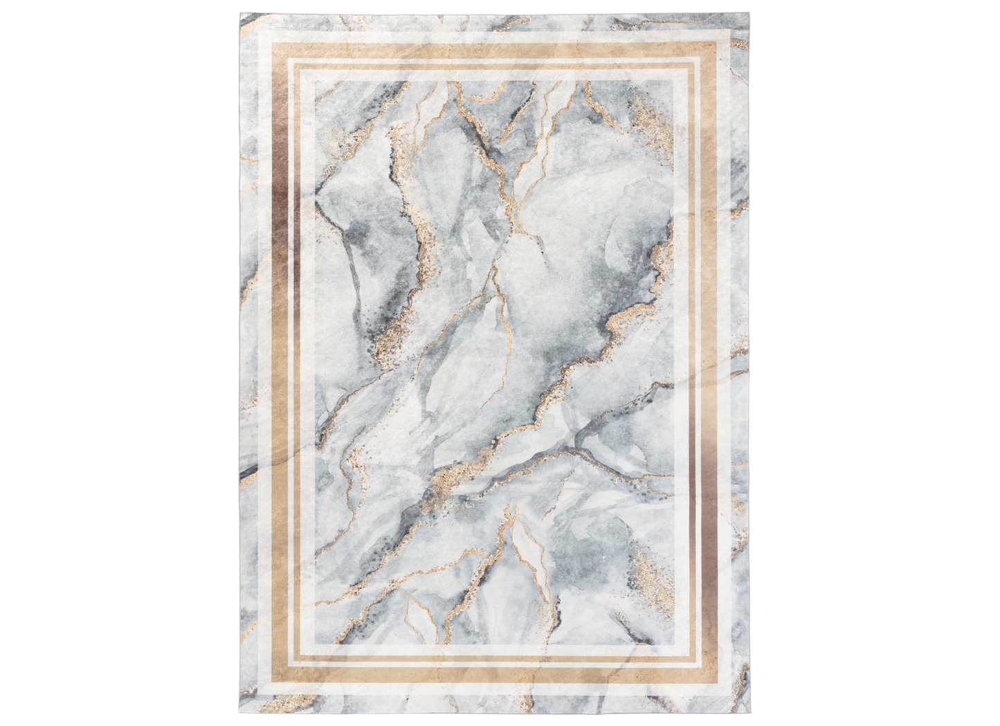 Dywan Squitta Grey 120x180 cm w odcieniach szarości z marmurowym wzorem i złotą ramą – widok z góry.