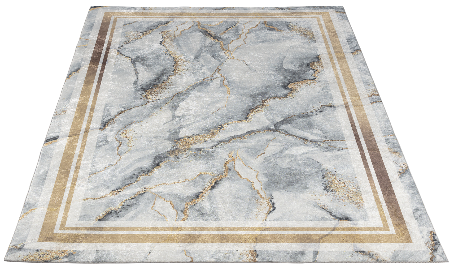 Dywan Squitta Grey 80x150 cm w perspektywie – elegancki marmurowy wzór w odcieniach szarości i beżu z dekoracyjną ramą.