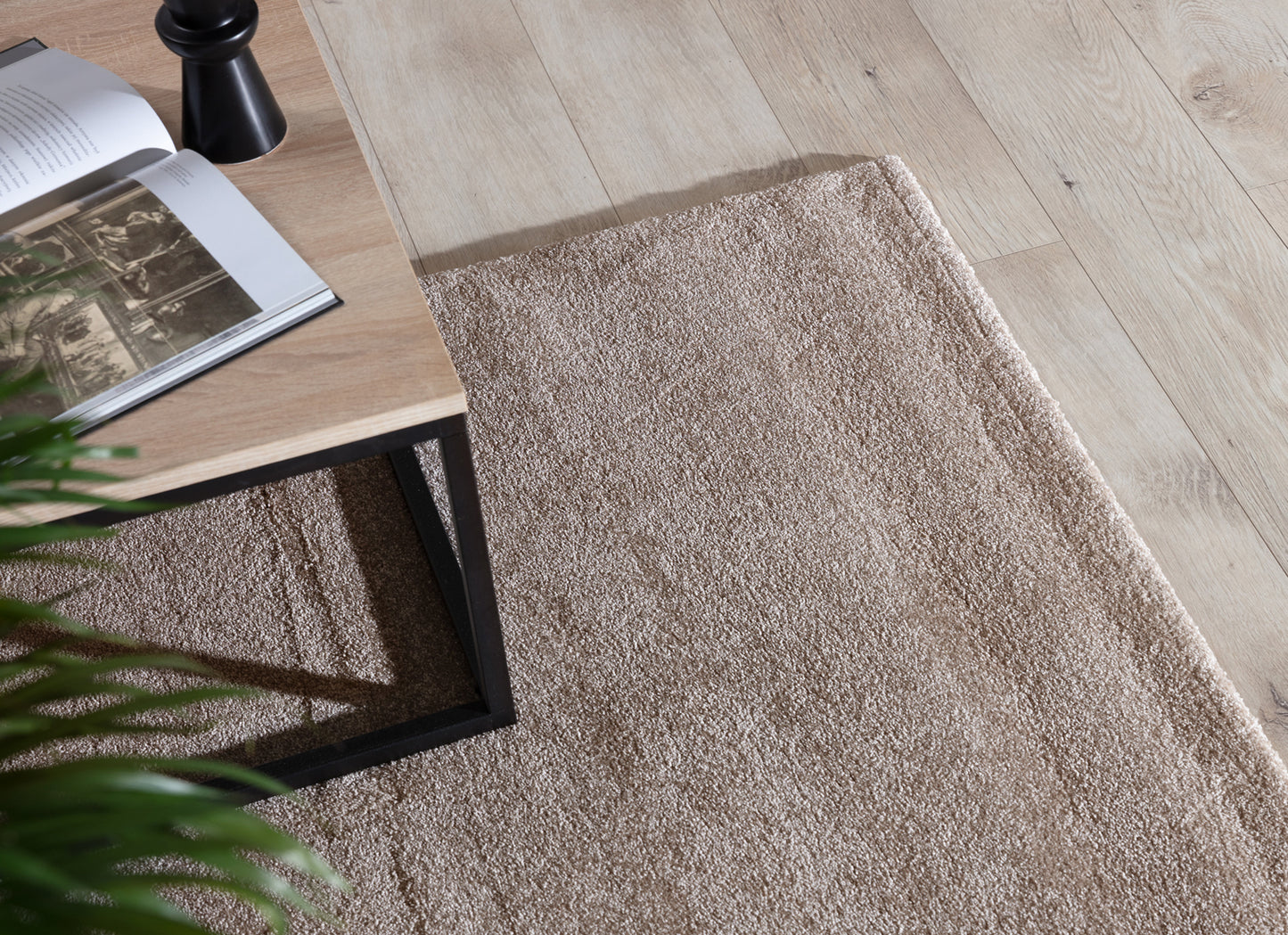 Beżowy dywan Verlice 160x230 cm ułożony przy drewnianym stoliku z otwartą książką – widoczne delikatne runo i eleganckie wykończenie krawędzi.