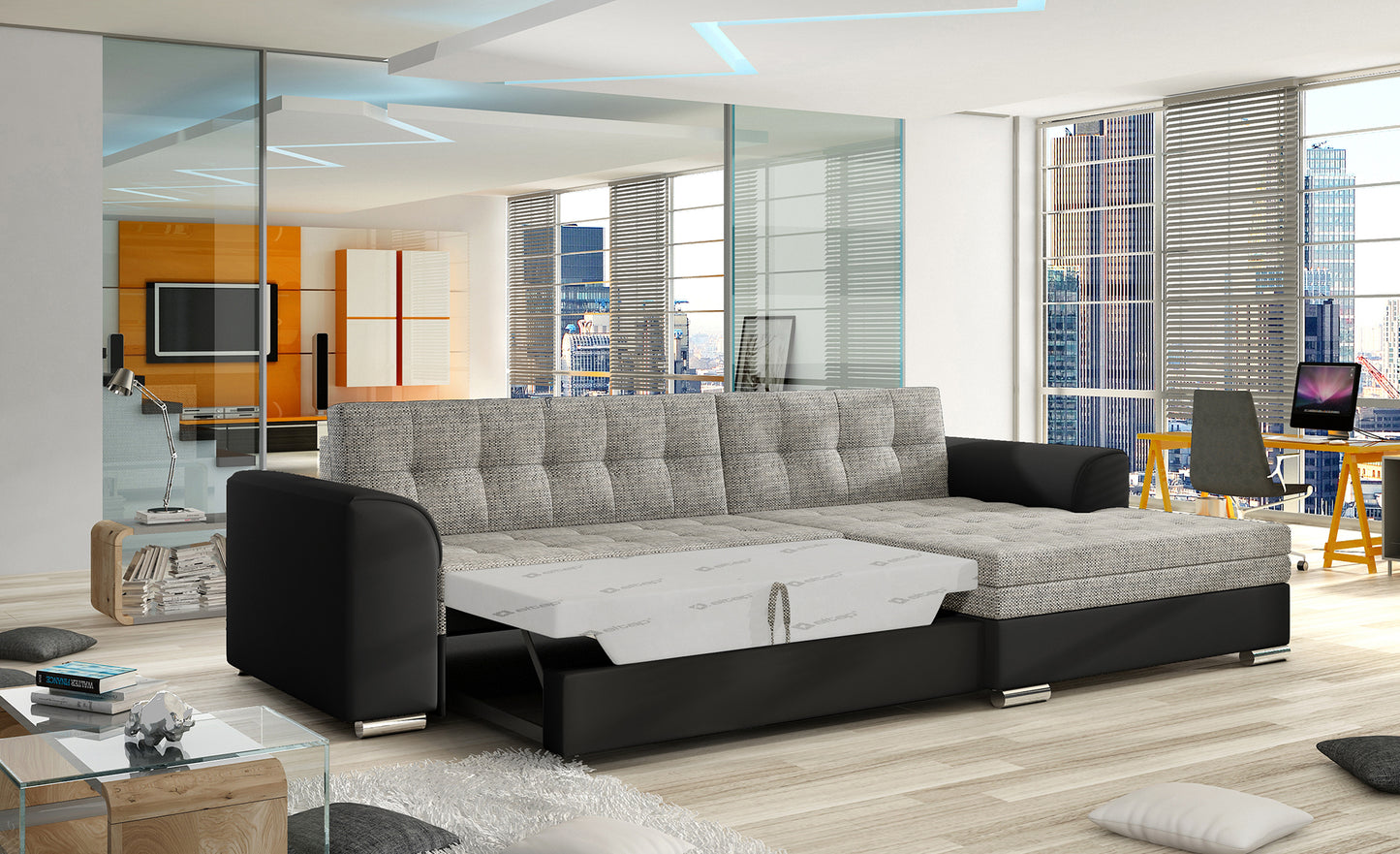 Szaro-czarny narożnik Conforti prawy wykonany z tkanin Berlin 01 i Soft 11 prezentuje minimalistyczną bryłę oraz wygodne szerokie siedziska. Stylowy narożnik do nowoczesnego salonu podkreśla elegancki charakter wnętrza i zapewnia wysoki komfort wypoczynku.