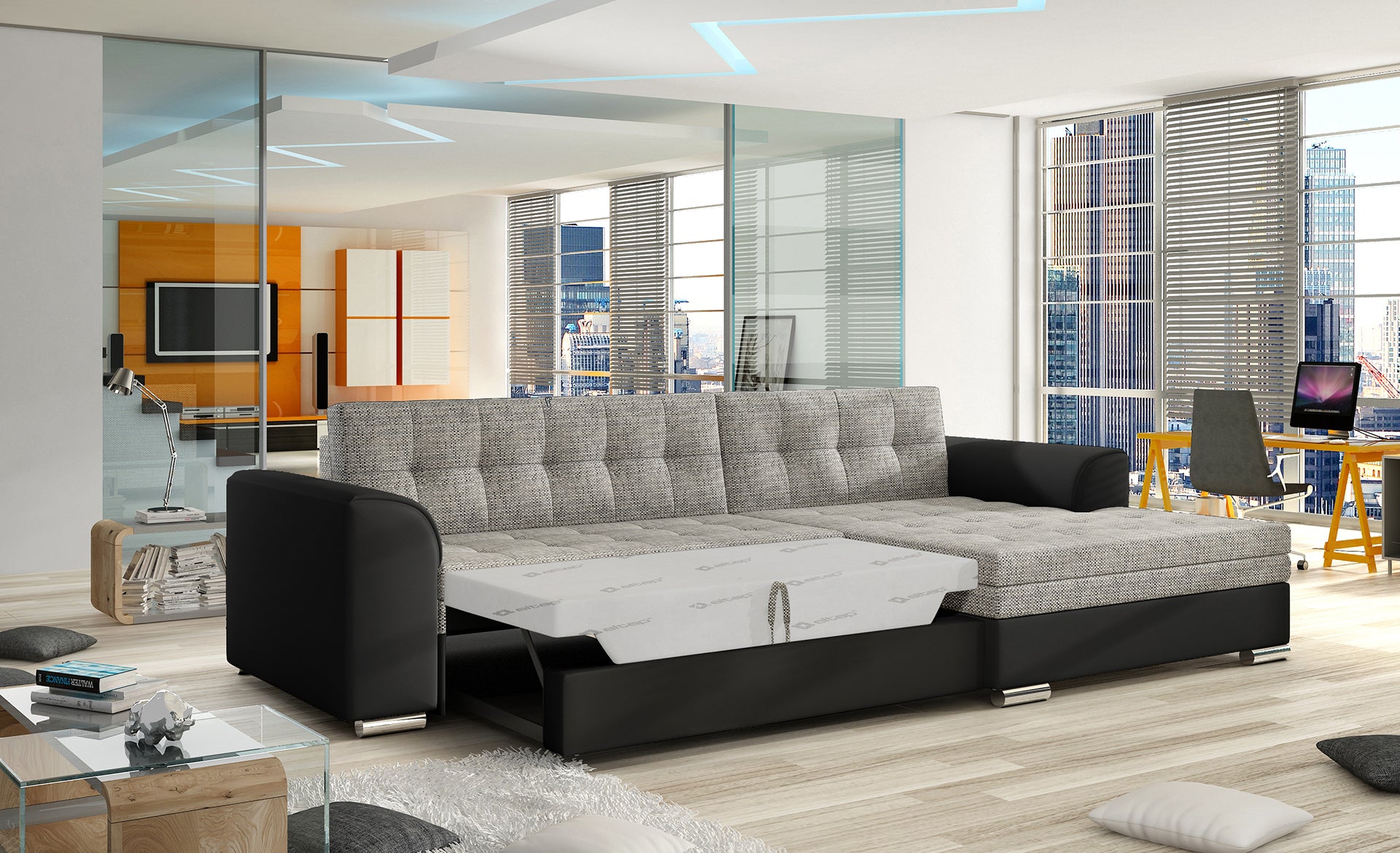 Szaro-czarny narożnik Conforti prawy wykonany z tkanin Berlin 01 i Soft 11 prezentuje minimalistyczną bryłę oraz wygodne szerokie siedziska. Stylowy narożnik do nowoczesnego salonu podkreśla elegancki charakter wnętrza i zapewnia wysoki komfort wypoczynku.