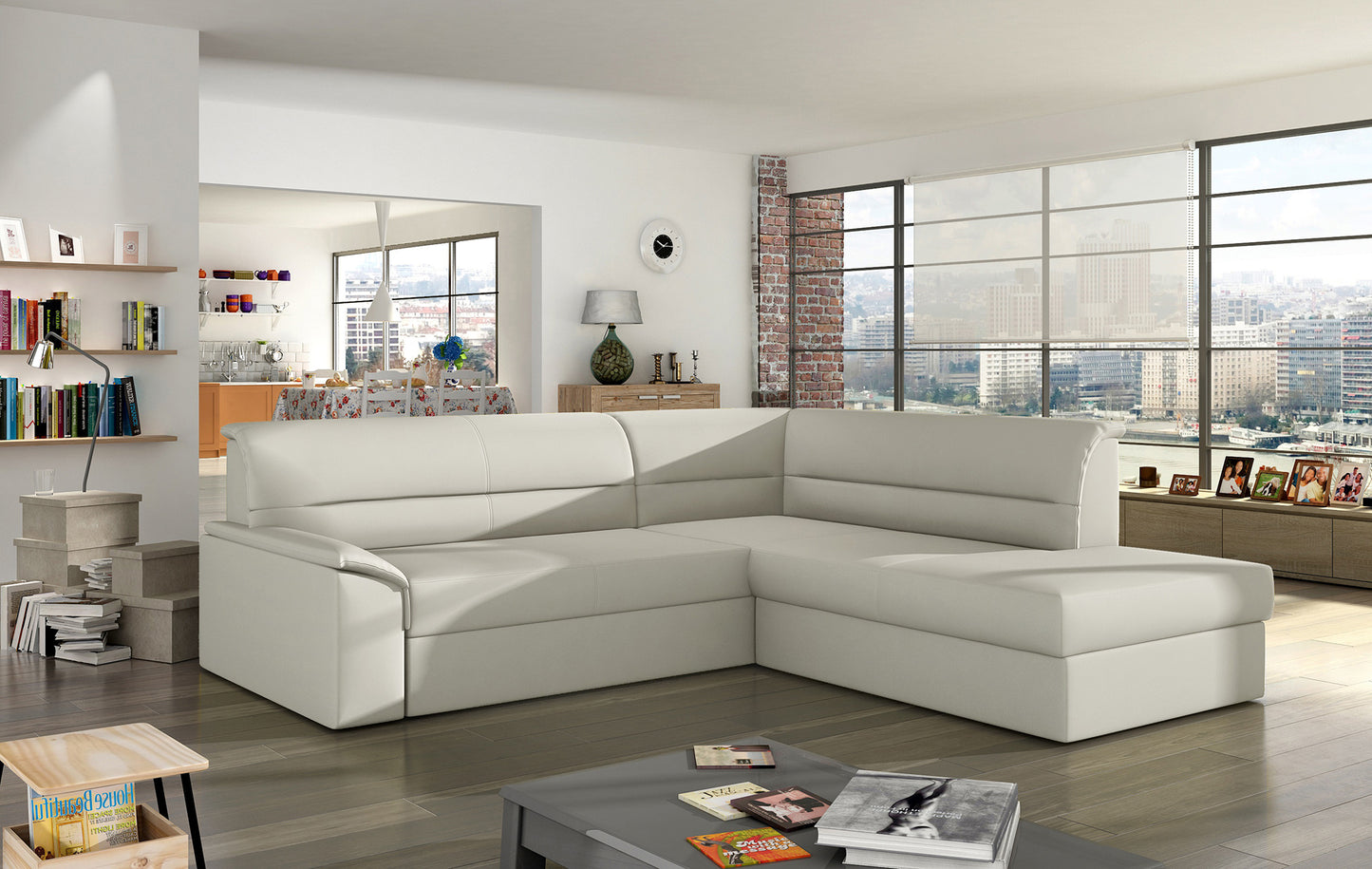 Elegancki narożnik Elano wykonany z tkaniny Soft 33 prezentuje minimalistyczną formę oraz wygodne szerokie siedziska. Designerski narożnik do rodzinnego salonu podkreśla ciepły charakter wnętrza i zapewnia wysoki komfort wypoczynku każdego dnia.