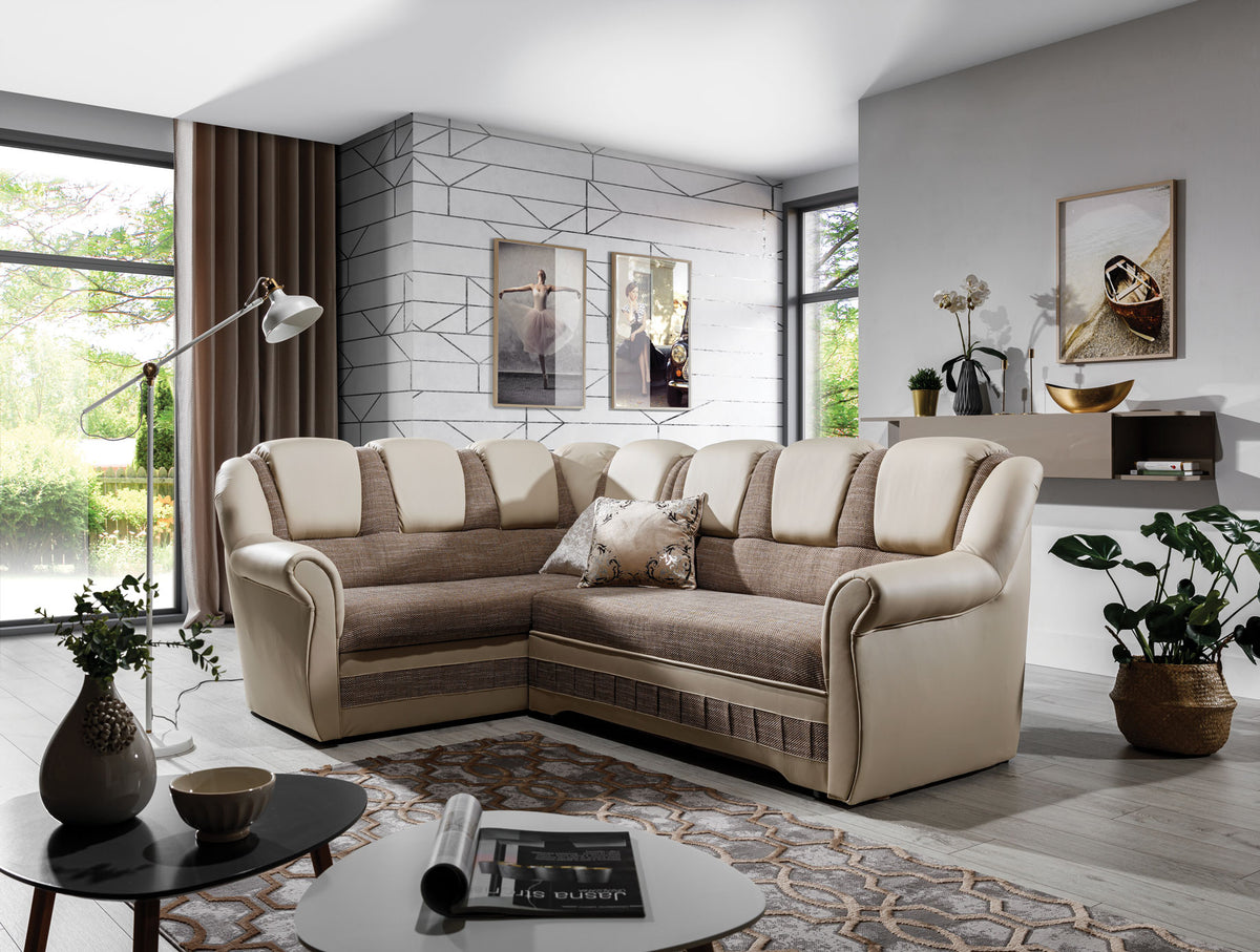 Narożnik Lord II Berlin 03 Soft 33 w odcieniach taupe i beżu prezentujący miękkie siedziska oraz komfortowe oparcia. Designerski narożnik wypoczynkowy do salonu idealny do klasycznych, przytulnych i nowoczesnych przestrzeni.