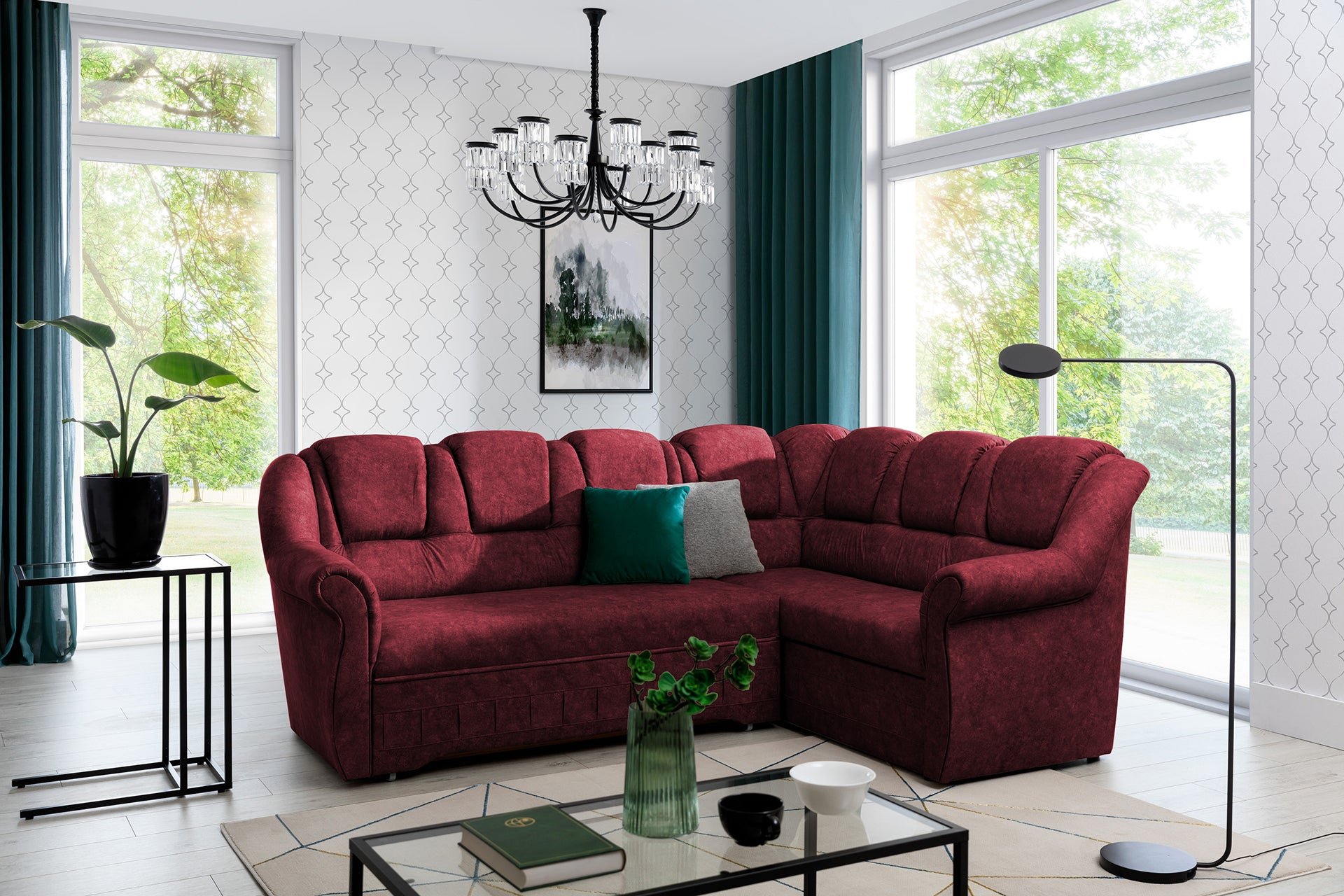 Narożnik Lord II Dora 63 w głębokim bordowym kolorze prezentujący miękkie siedziska oraz komfortowe oparcia. Designerski narożnik wypoczynkowy do salonu idealny do wnętrz modern classic, glamour i eleganckich aranżacji.