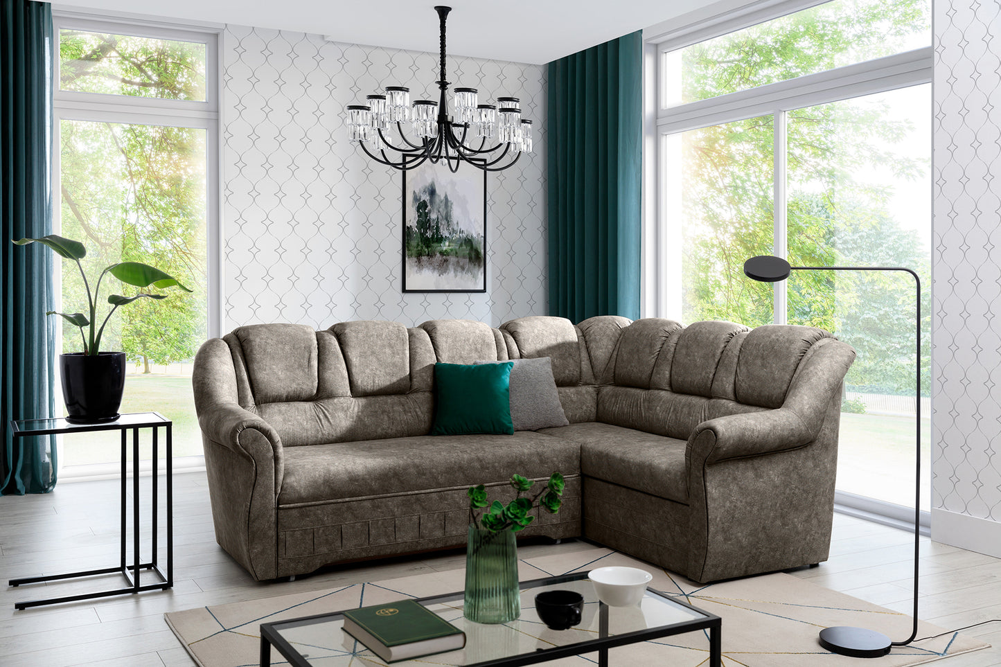 Narożnik Lord II Dora 22 w modnym odcieniu taupe prezentujący miękkie siedziska oraz komfortowe oparcia. Designerski narożnik wypoczynkowy do salonu idealny do wnętrz japandi, modern classic i eleganckich aranżacji.