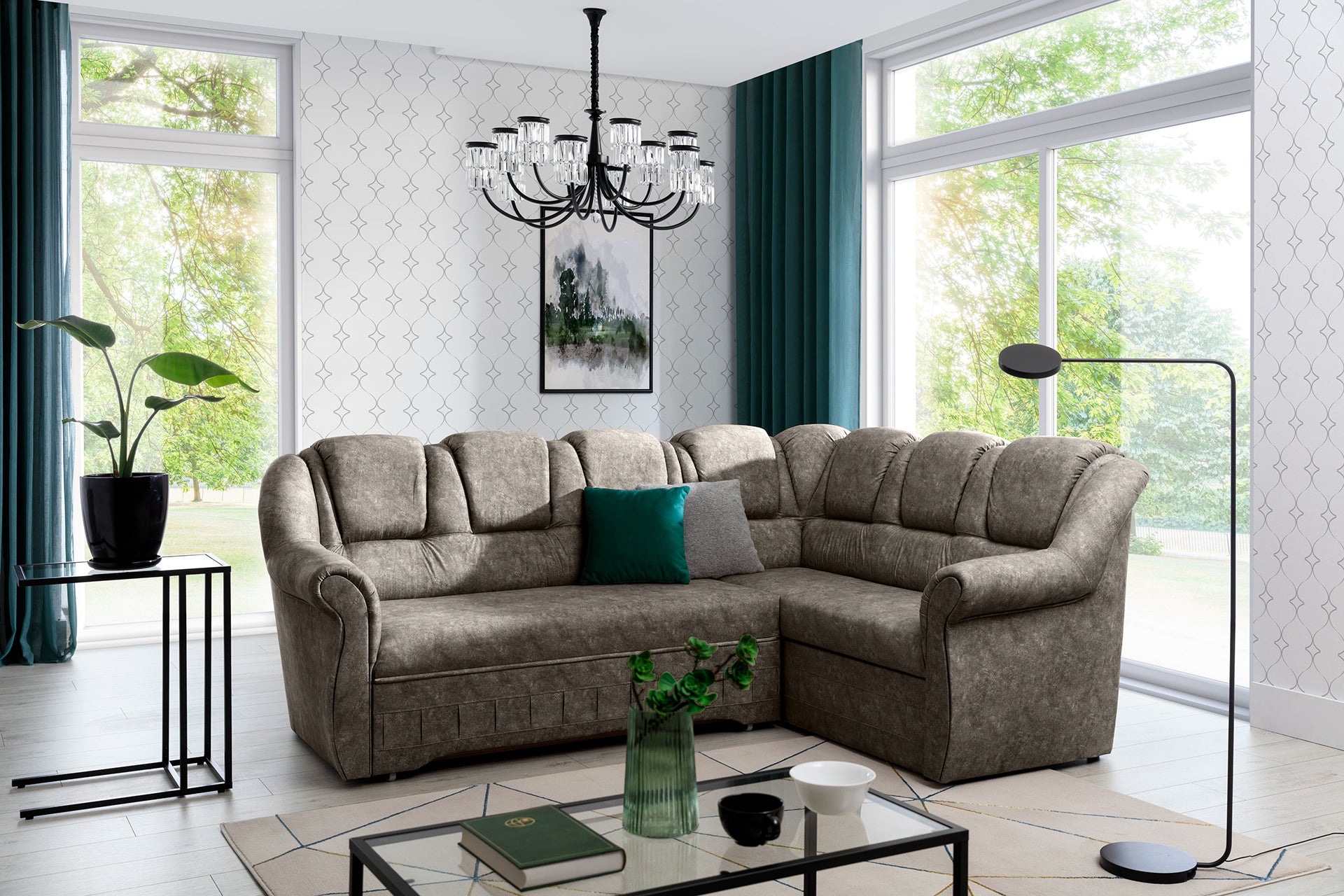Narożnik Lord II Dora 22 w modnym odcieniu taupe prezentujący miękkie siedziska oraz komfortowe oparcia. Designerski narożnik wypoczynkowy do salonu idealny do wnętrz japandi, modern classic i eleganckich aranżacji.