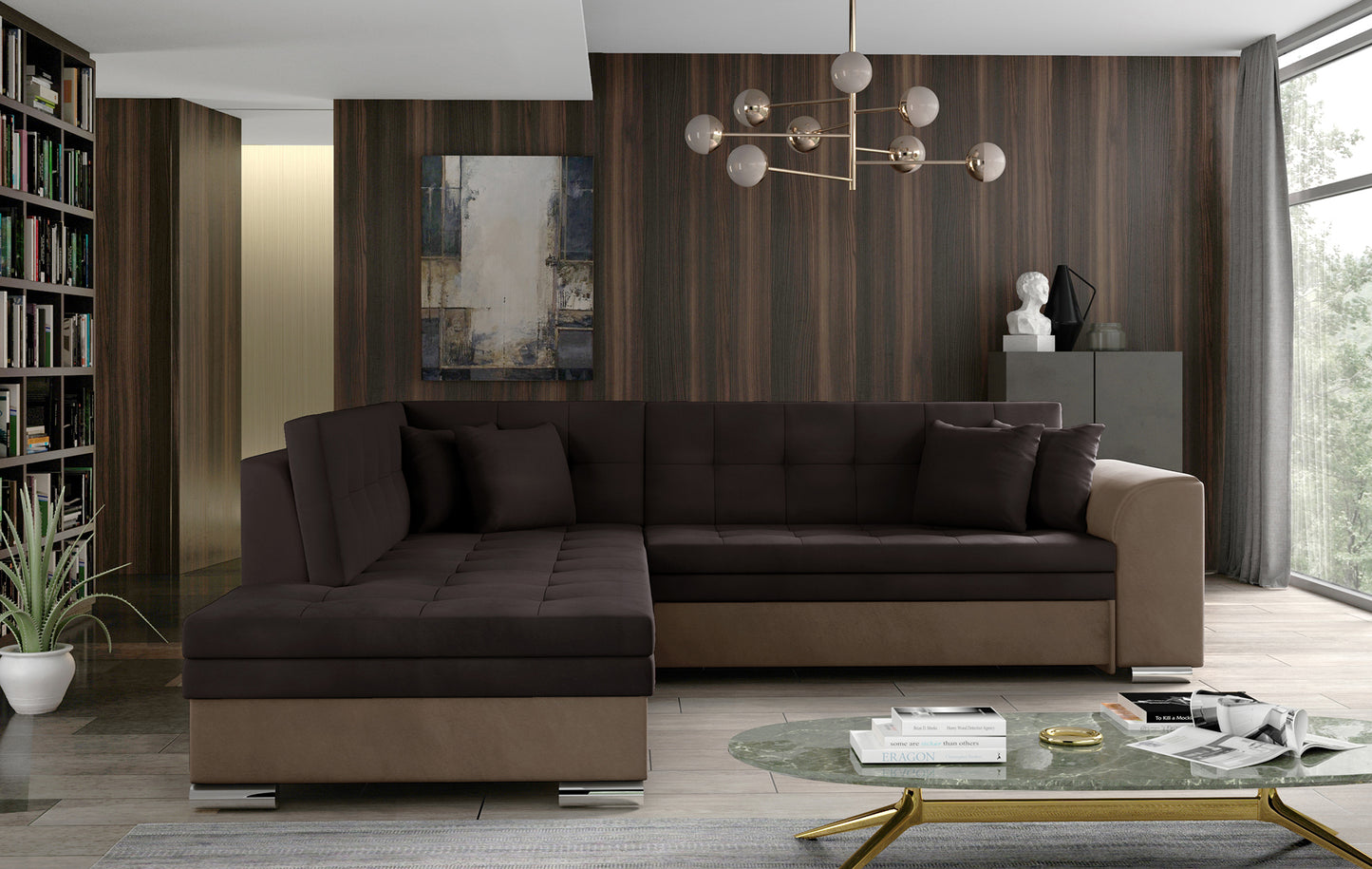 Brązowy narożnik Pieretta lewy w tkaninie Monolith 29 z dodatkiem Monolith 09 to wygodny mebel do salonu, który łączy nowoczesny design z funkcjonalnością i tworzy idealne miejsce do codziennego wypoczynku.