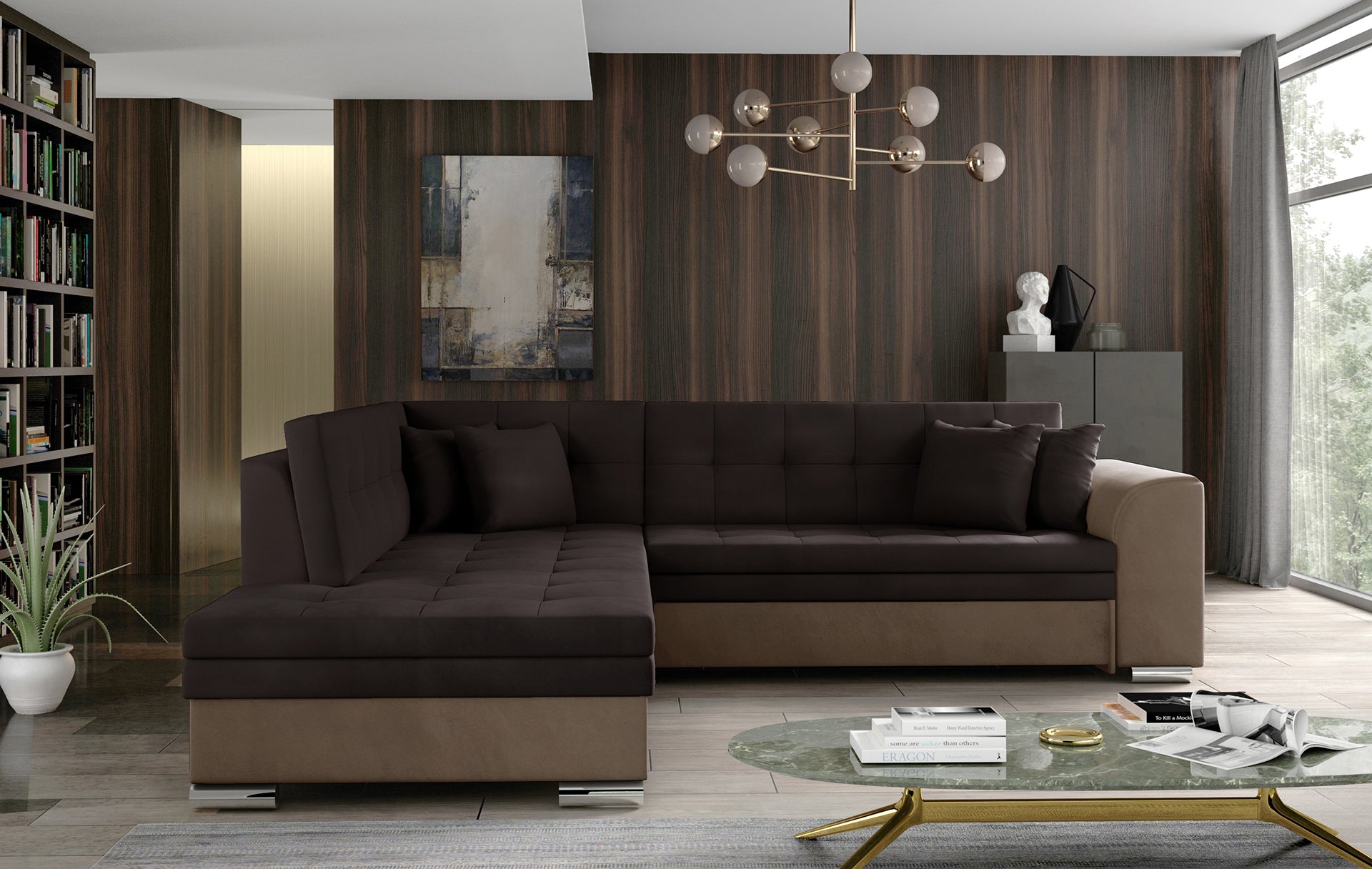 Brązowy narożnik Pieretta lewy w tkaninie Monolith 29 z dodatkiem Monolith 09 to wygodny mebel do salonu, który łączy nowoczesny design z funkcjonalnością i tworzy idealne miejsce do codziennego wypoczynku.