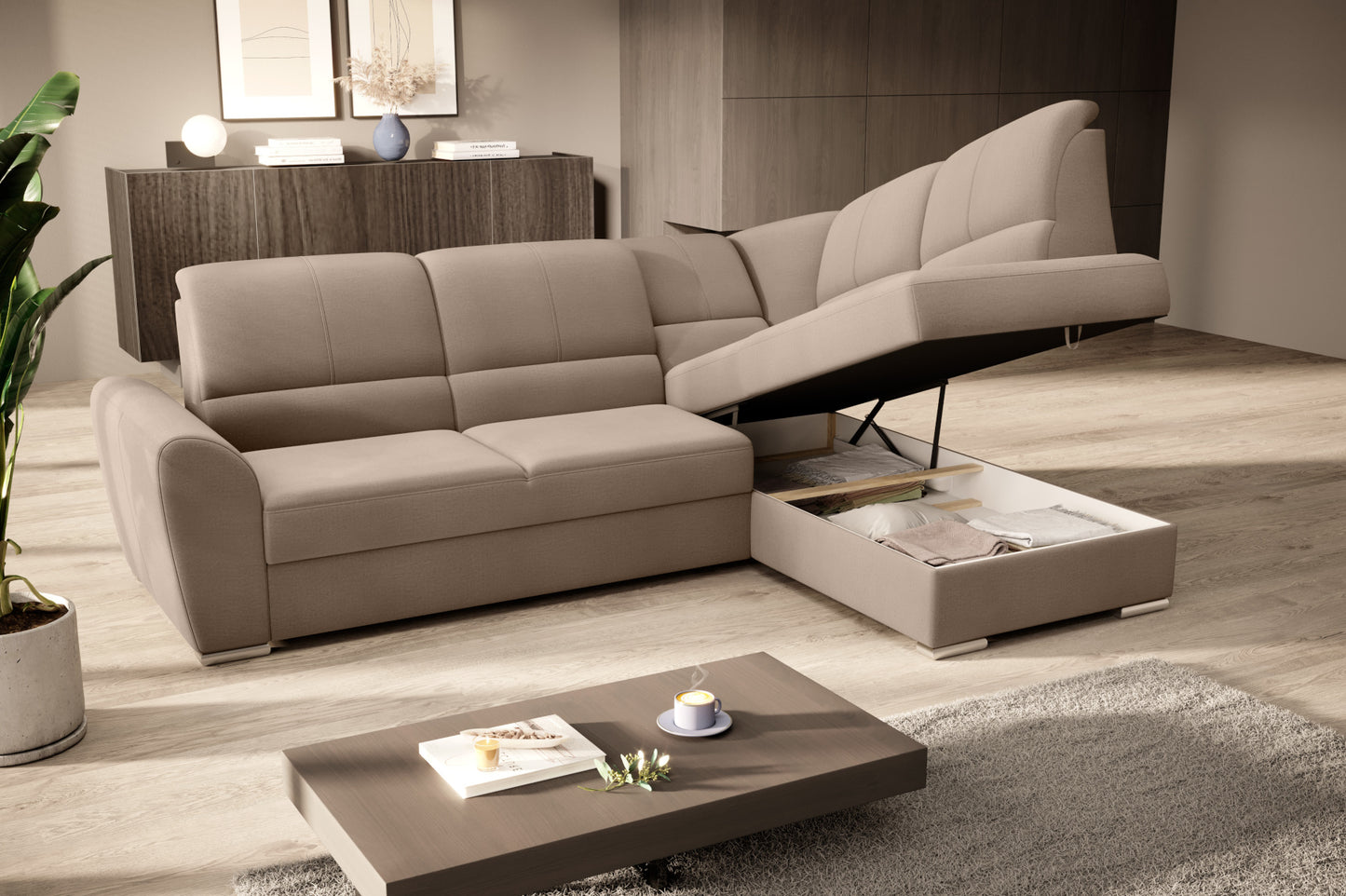 Duży narożnik Siber prawy w tkaninie Nube 20 w kolorze beżowym to komfortowa sofa wypoczynkowa do salonu, która łączy funkcjonalność z eleganckim i uniwersalnym wyglądem wnętrza.