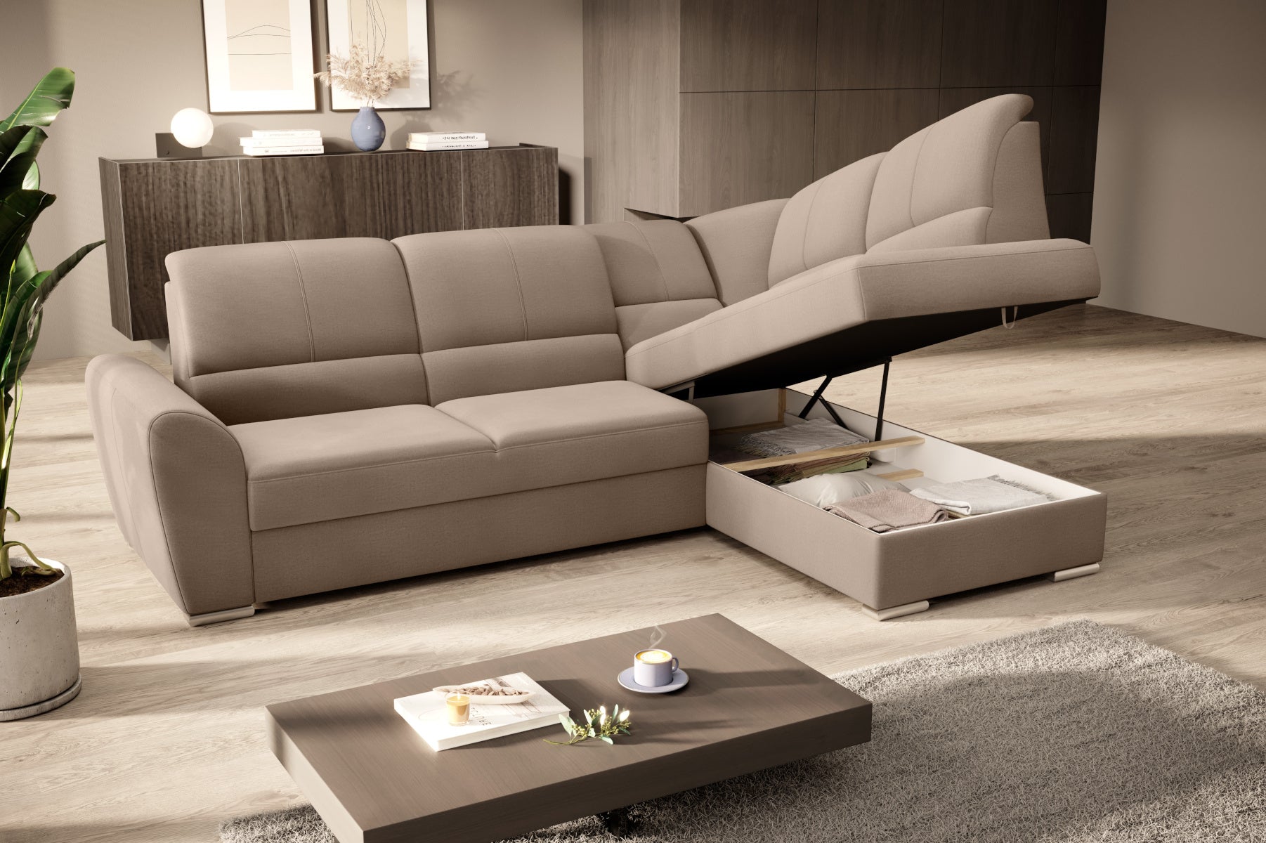Duży narożnik Siber prawy w tkaninie Nube 20 w kolorze beżowym to komfortowa sofa wypoczynkowa do salonu, która łączy funkcjonalność z eleganckim i uniwersalnym wyglądem wnętrza.