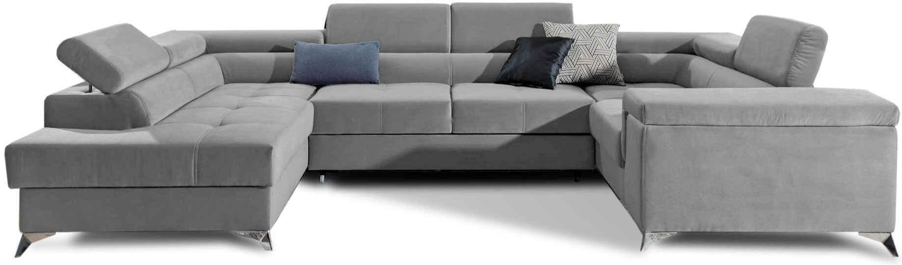 Nowoczesny narożnik Thiago w kolorze jasnoszarym z szerokimi siedziskami i eleganckimi metalowymi nóżkami doskonale sprawdzi się w salonie urządzonym w stylu skandynawskim lub minimalistycznym. Stylowy narożnik do nowoczesnych wnętrz łączy wygodę z funkcjonalnością.