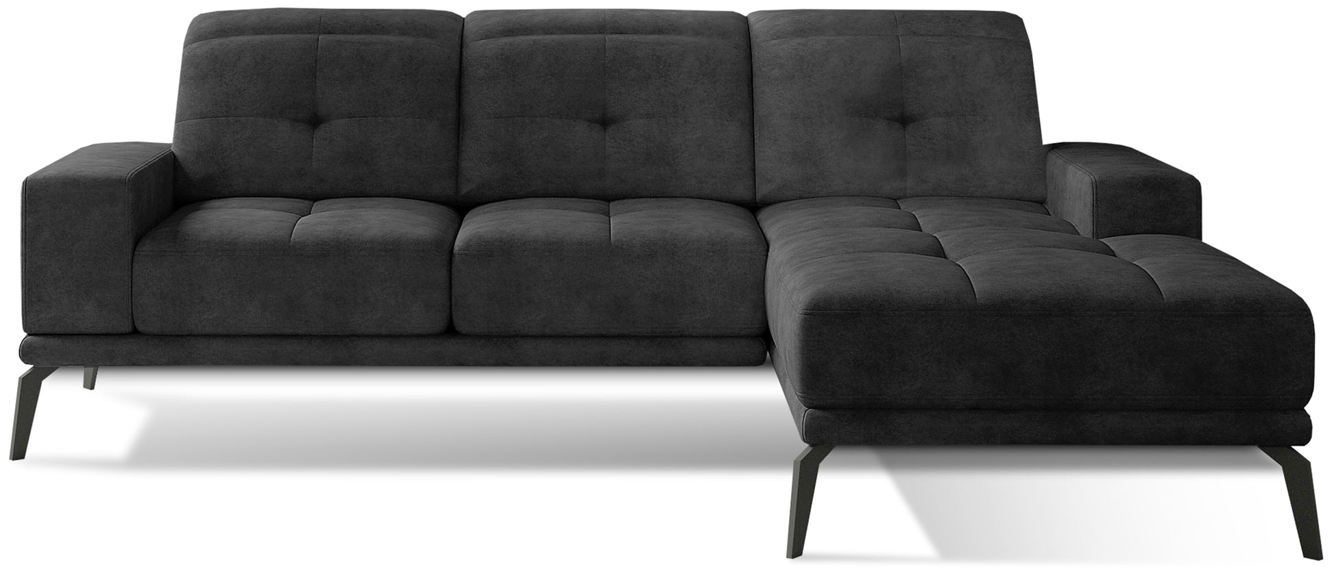 Nowoczesny narożnik wypoczynkowy Dora 96 w eleganckim czarnym kolorze wyposażony w regulowane zagłówki oraz metalowe nogi. Komfortowy mebel do salonu zapewniający wygodne miejsce do codziennego relaksu dla całej rodziny.