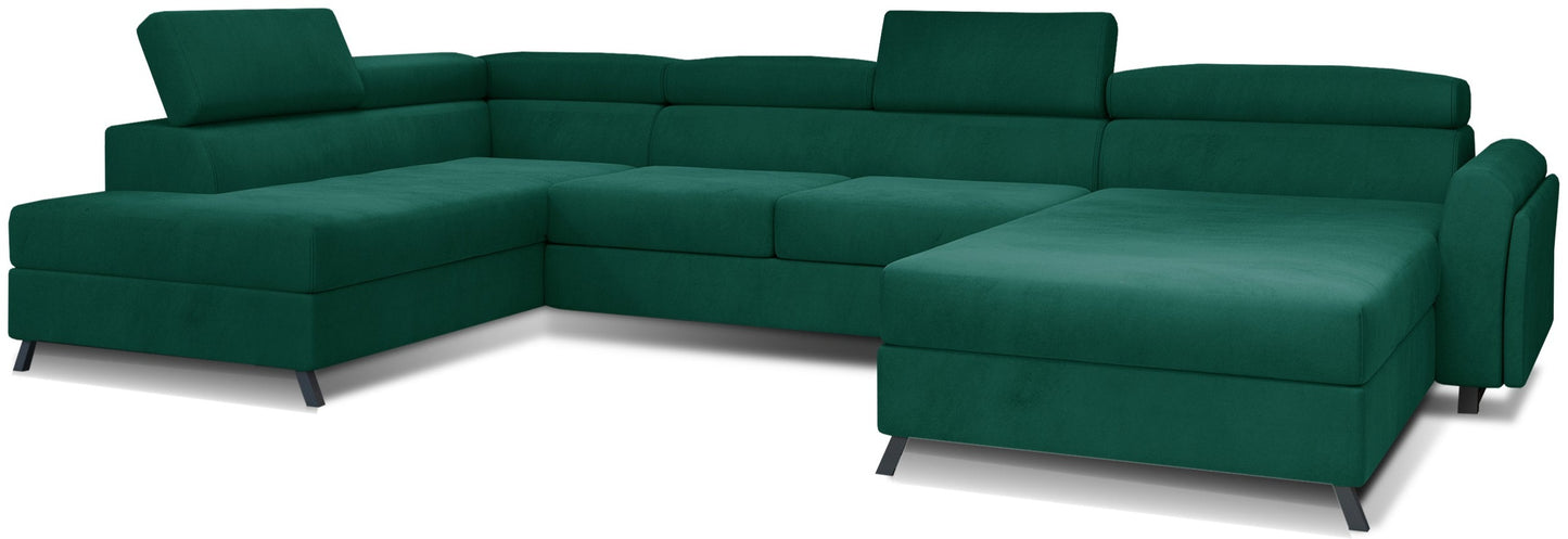 Stylowy narożnik Josette lewy Monolith 37 w zielonej tapicerce, z nowoczesnym designem, obszernym siedziskiem i funkcjonalnymi zagłówkami, pokazany na białym tle jako elegancki narożnik wypoczynkowy do domu.