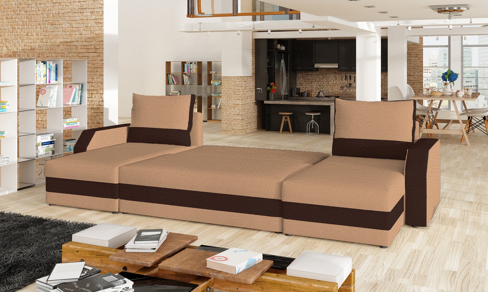 Narożnik Marion w salonie – widok z boku/perspektywy, obicie Alova66 beżowe i Alova 68