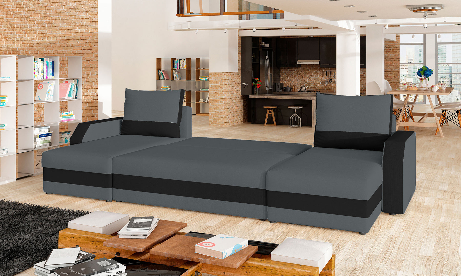 Narożnik Marion w aranżacji salonu – konfiguracja z szezlongiem po prawej, tkanina Alova10/Alova 04