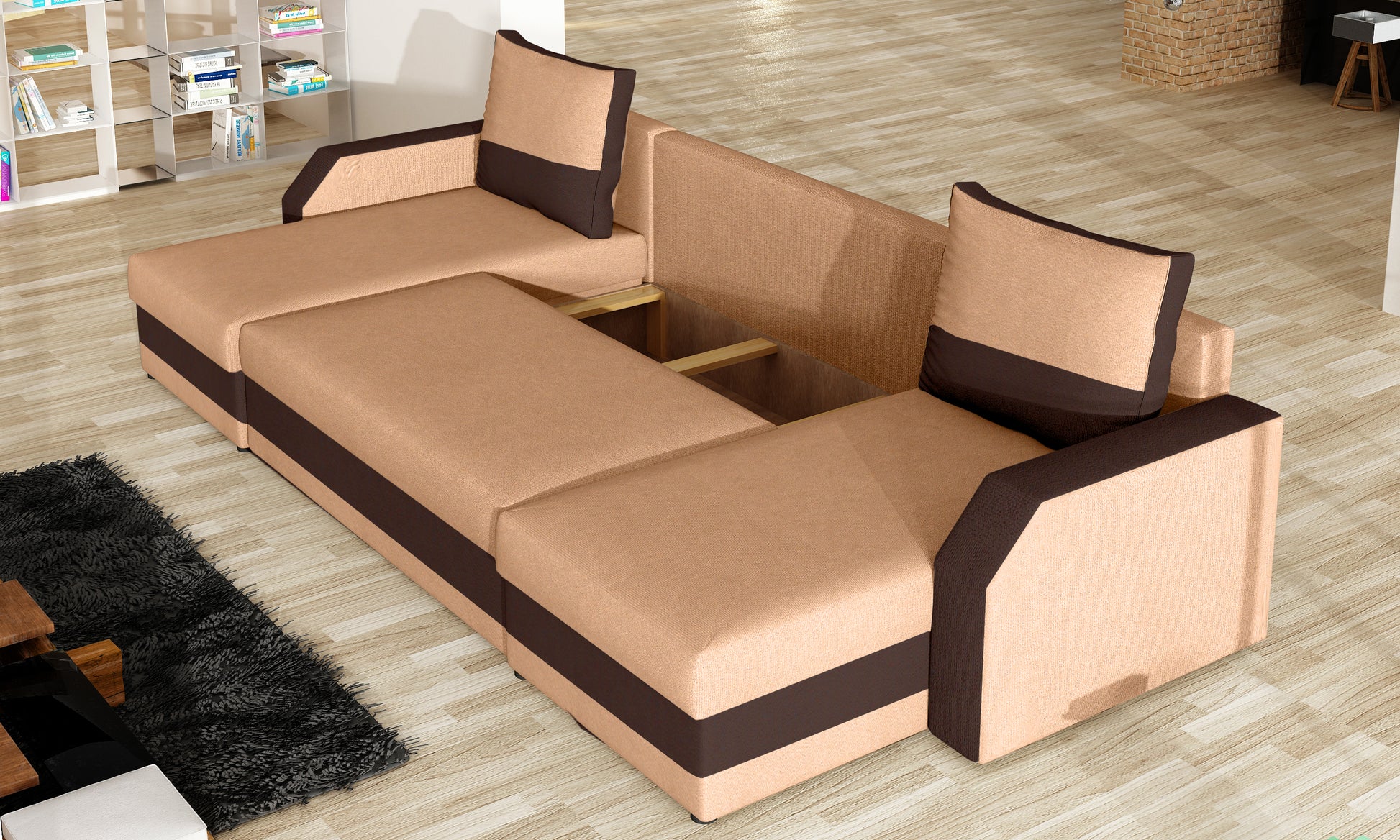 Narożnik Marion rozłożony do spania – duża, równa powierzchnia, tkaniny Alova66 i Alova 68