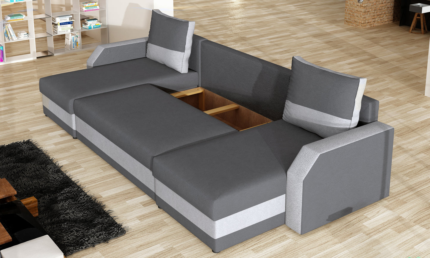Narożnik Marion rozłożony do spania – duża, równa powierzchnia, tapicerka Paros 6 i Paros 5