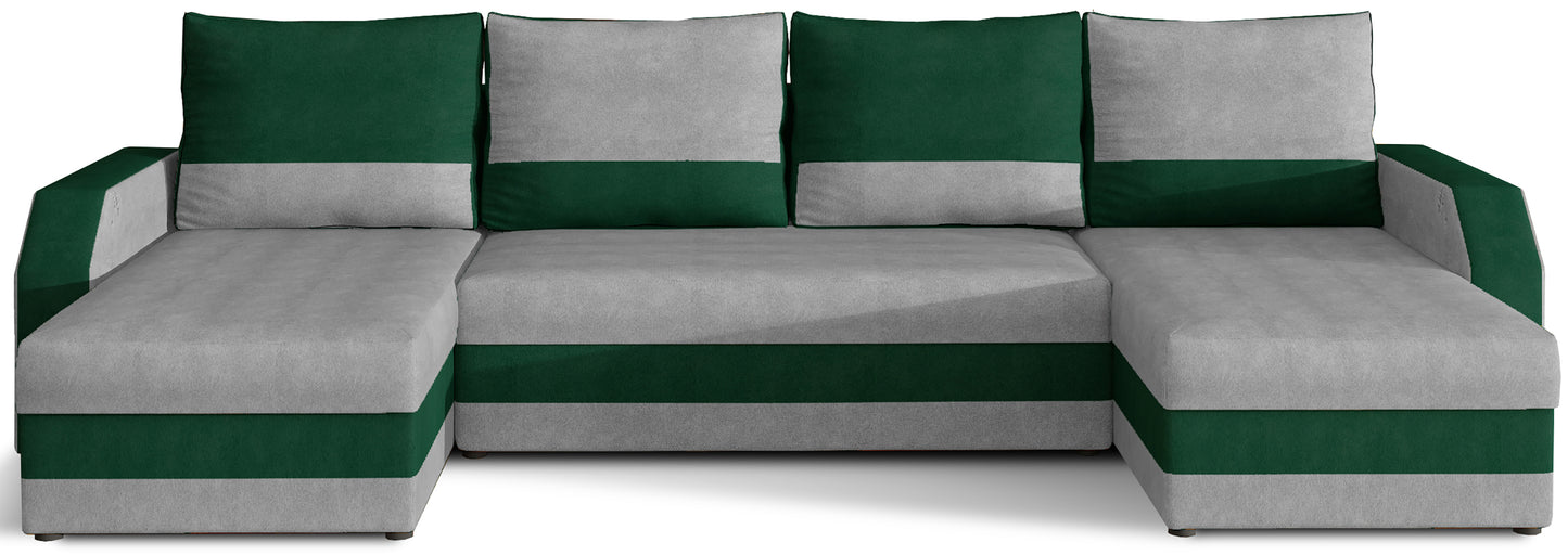 Narożnik uniwersalny Marion – widok z przodu, tkaniny Paros 5 jasnoszary i Paros 19 zielony