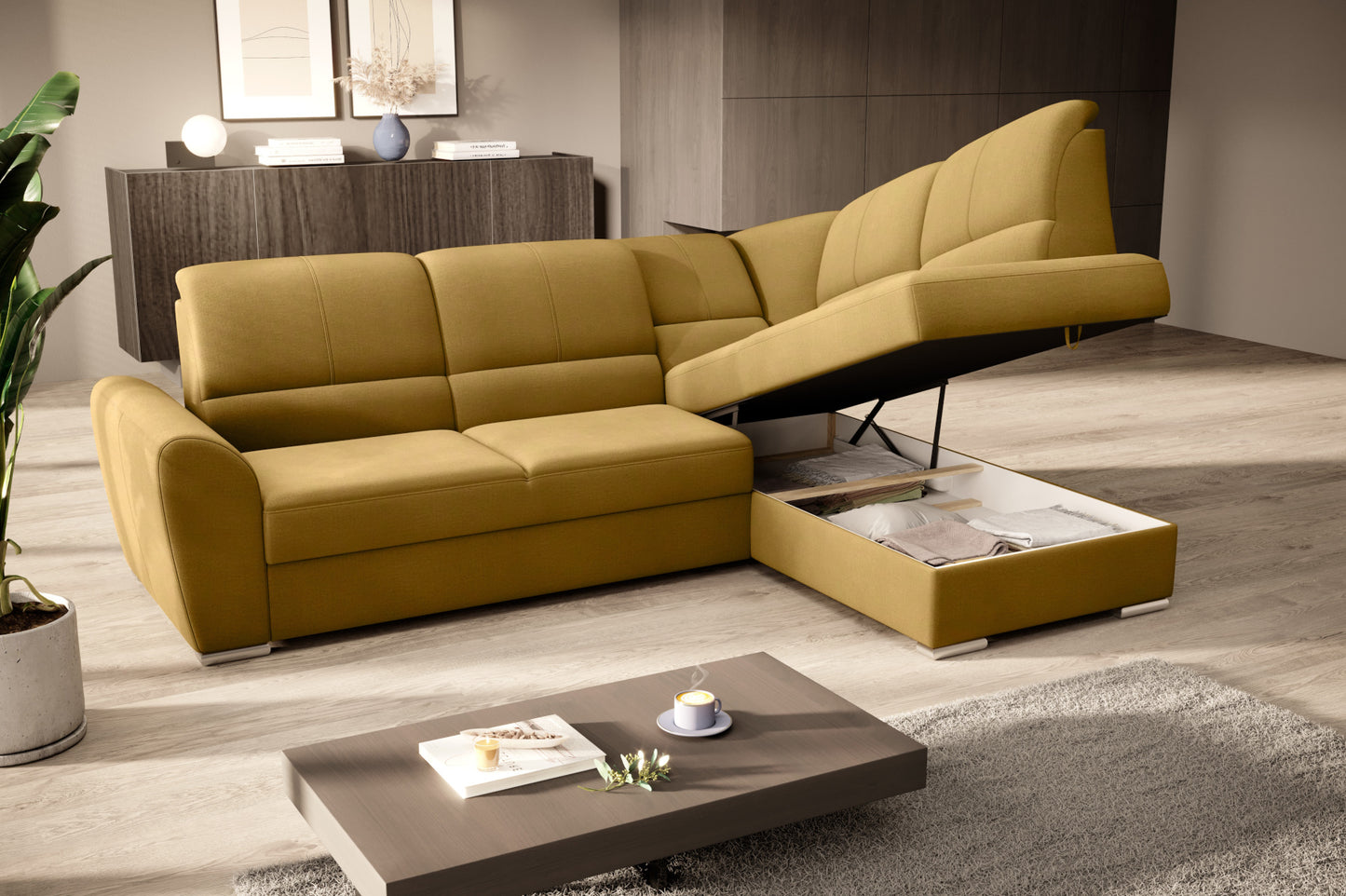 Duży narożnik Siber prawy w tkaninie Nube 45 w kolorze żółtym to komfortowa sofa wypoczynkowa do salonu, która łączy funkcjonalność z modnym, wyrazistym wyglądem wnętrza.