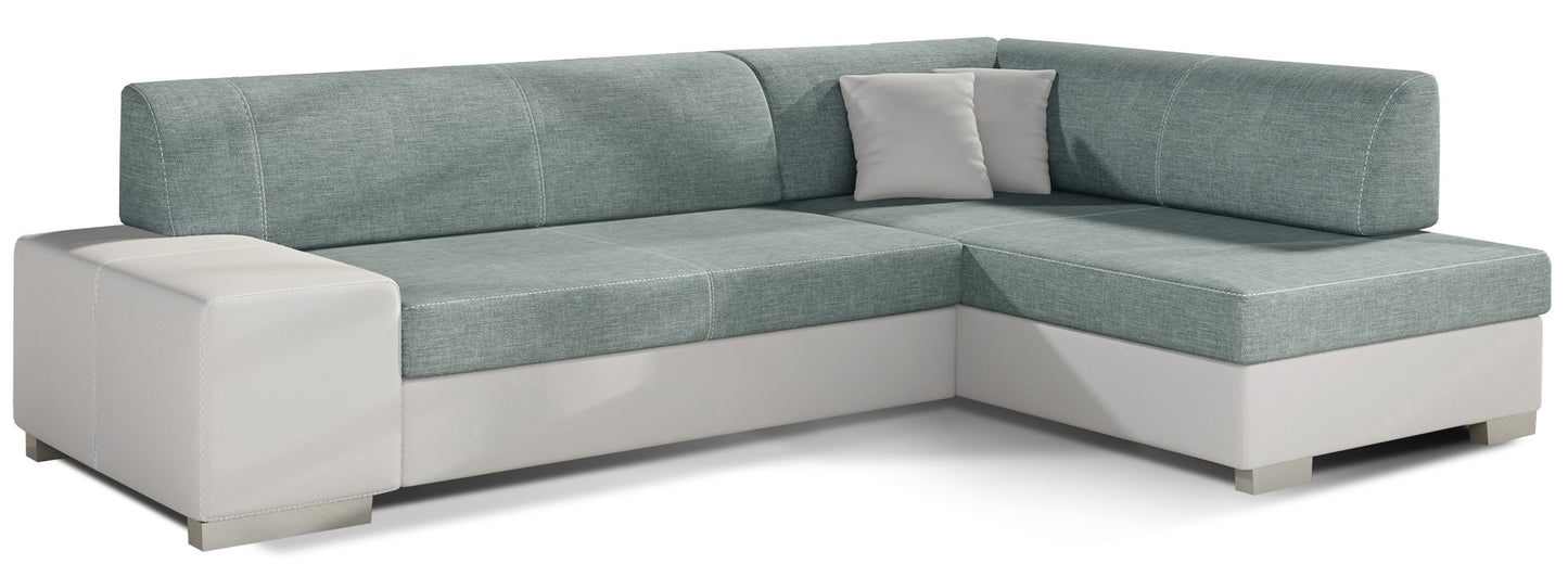 Narożnik Fabio, Cover 70 niebieski z elementami Soft 17 biały – widok frontowy, układ prawy.