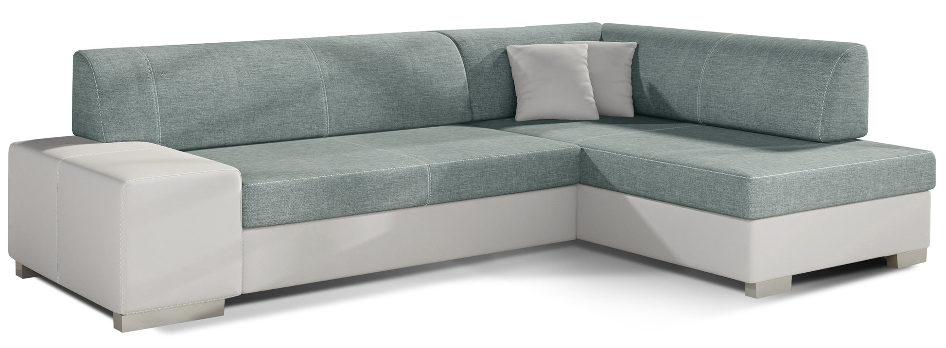 Narożnik Fabio, Cover 70 niebieski z elementami Soft 17 biały – widok frontowy, układ prawy.